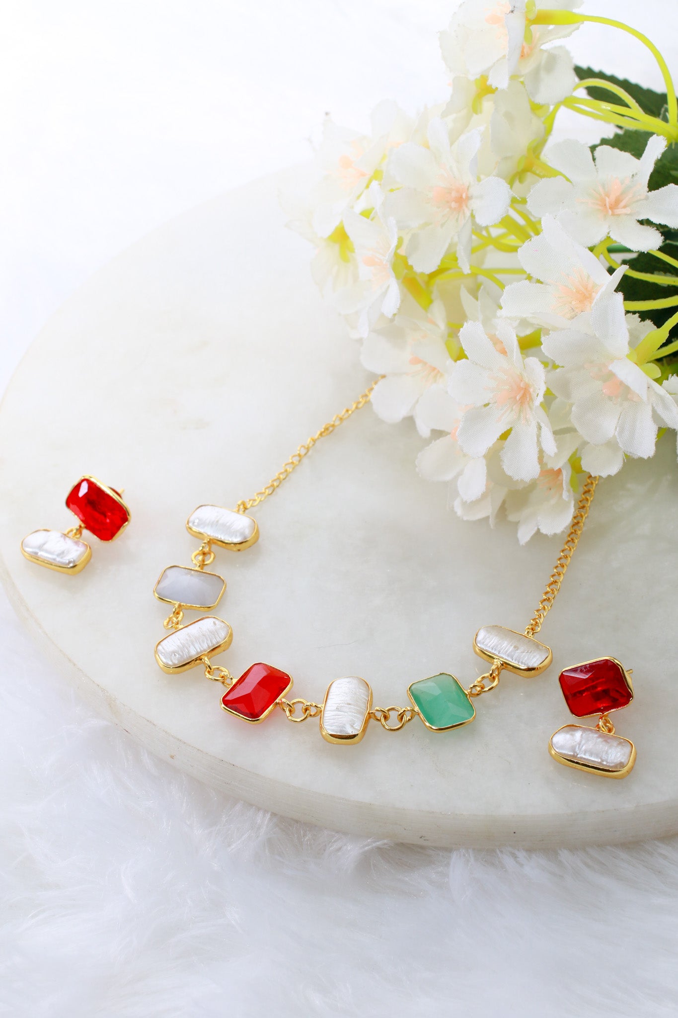 Pearl, Green & Red Stone Necklace Set | Natural Stones, Gold-Plated Brass