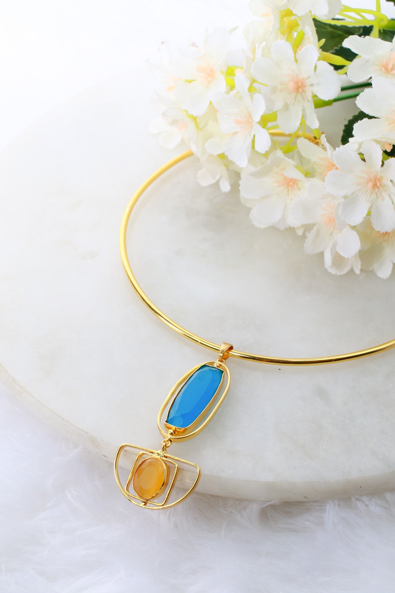 Hansuli Necklace with Dual‑Tone Geometric Pendant – Blue & Yellow Stones | Brass Anti Tarnish | Lightweight