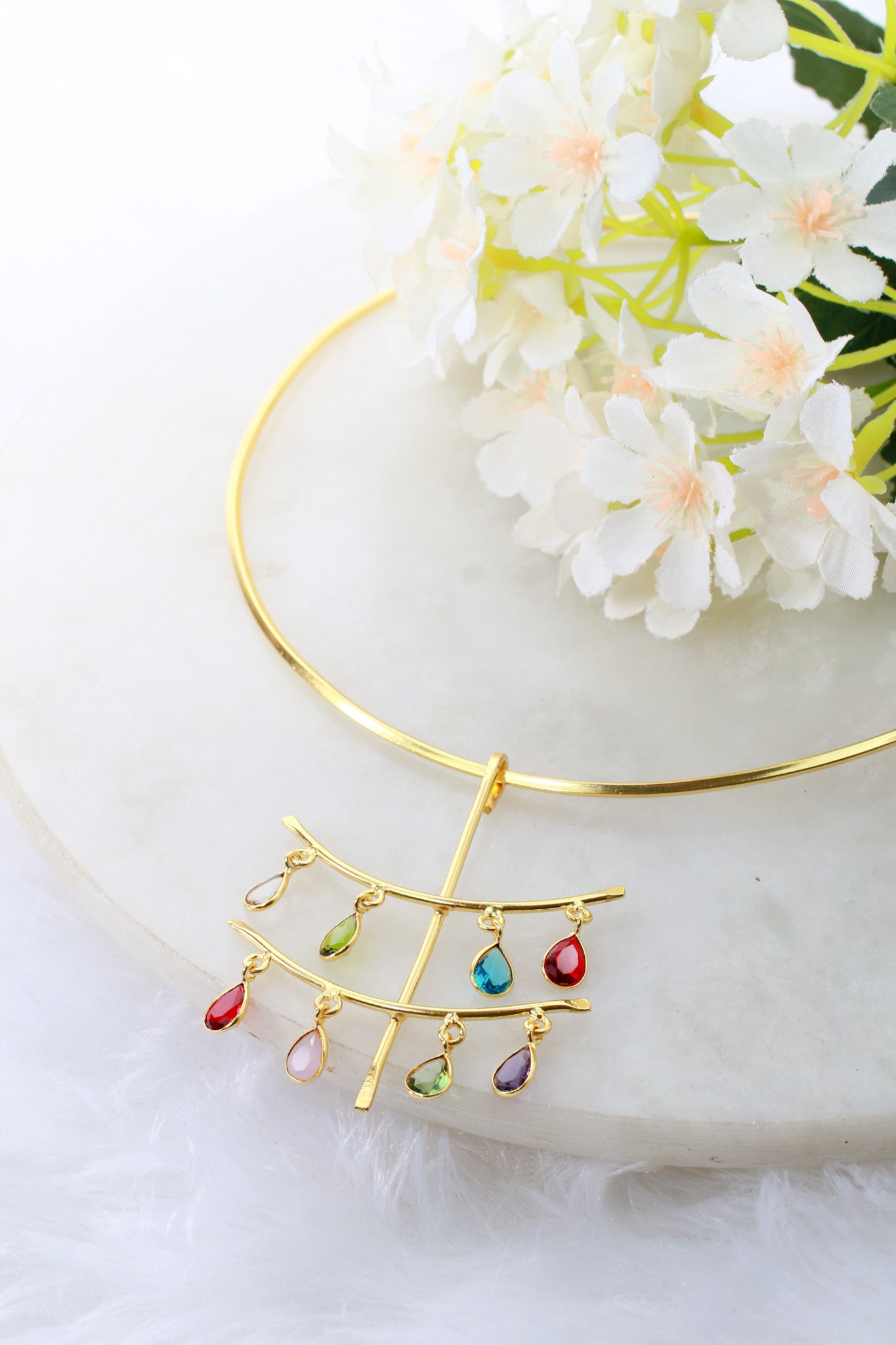 Hansuli Necklace with Cascade Teardrop Charms – Multicolor Stones | Brass Anti Tarnish | Lightweight
