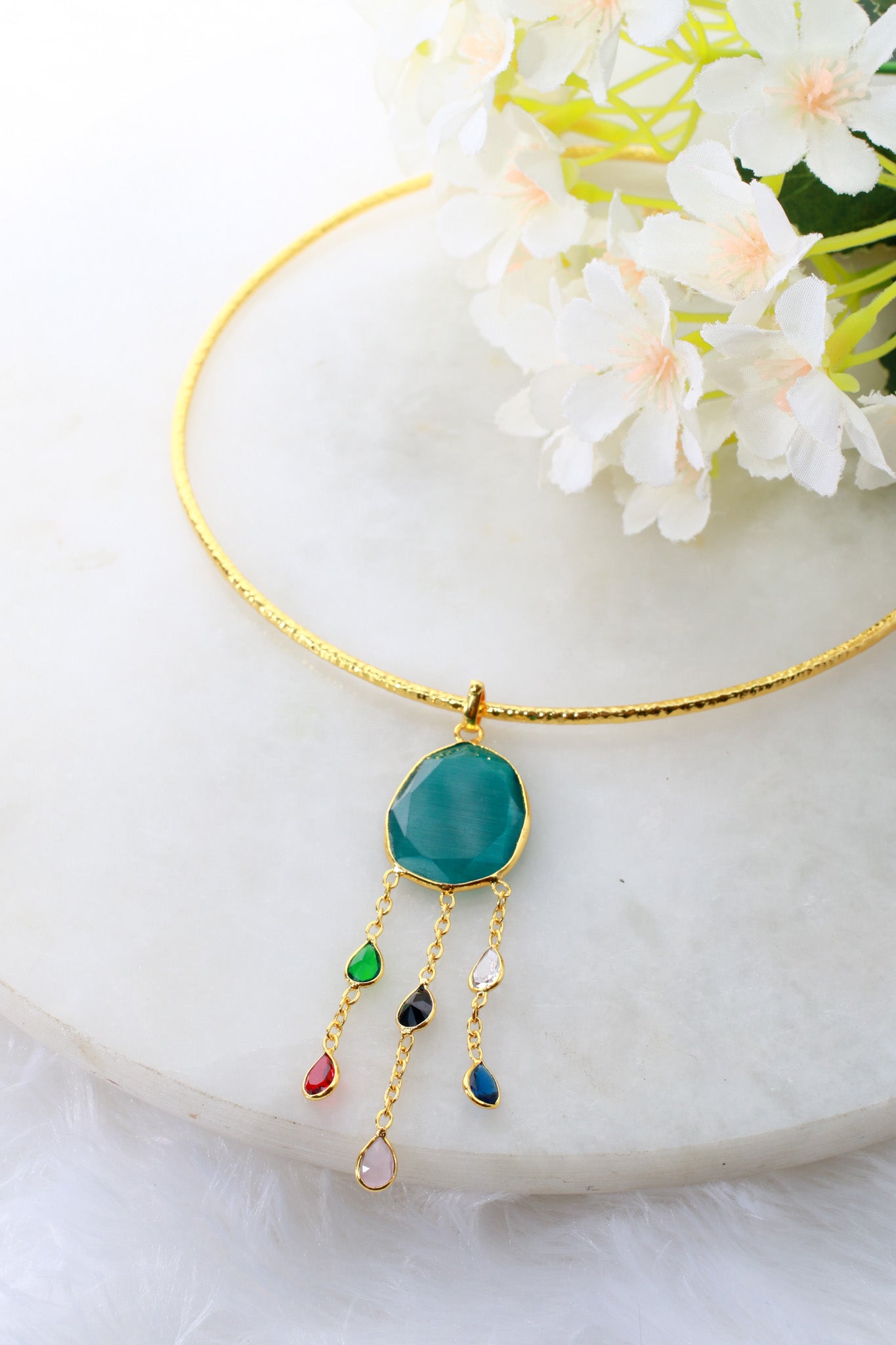 Hansuli Necklace with Green Pendant & Raindrop Dangles | Brass Anti Tarnish | Lightweight