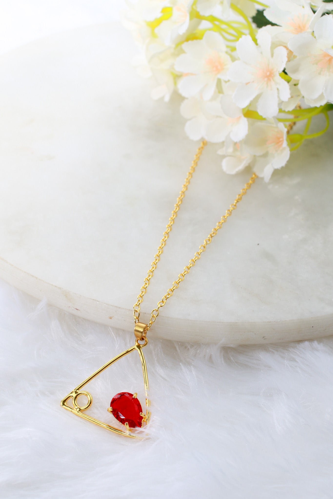 Geometric Triangle Pendant with Red Stone | Natural Stone Chain Pendant, Gold-Plated Brass