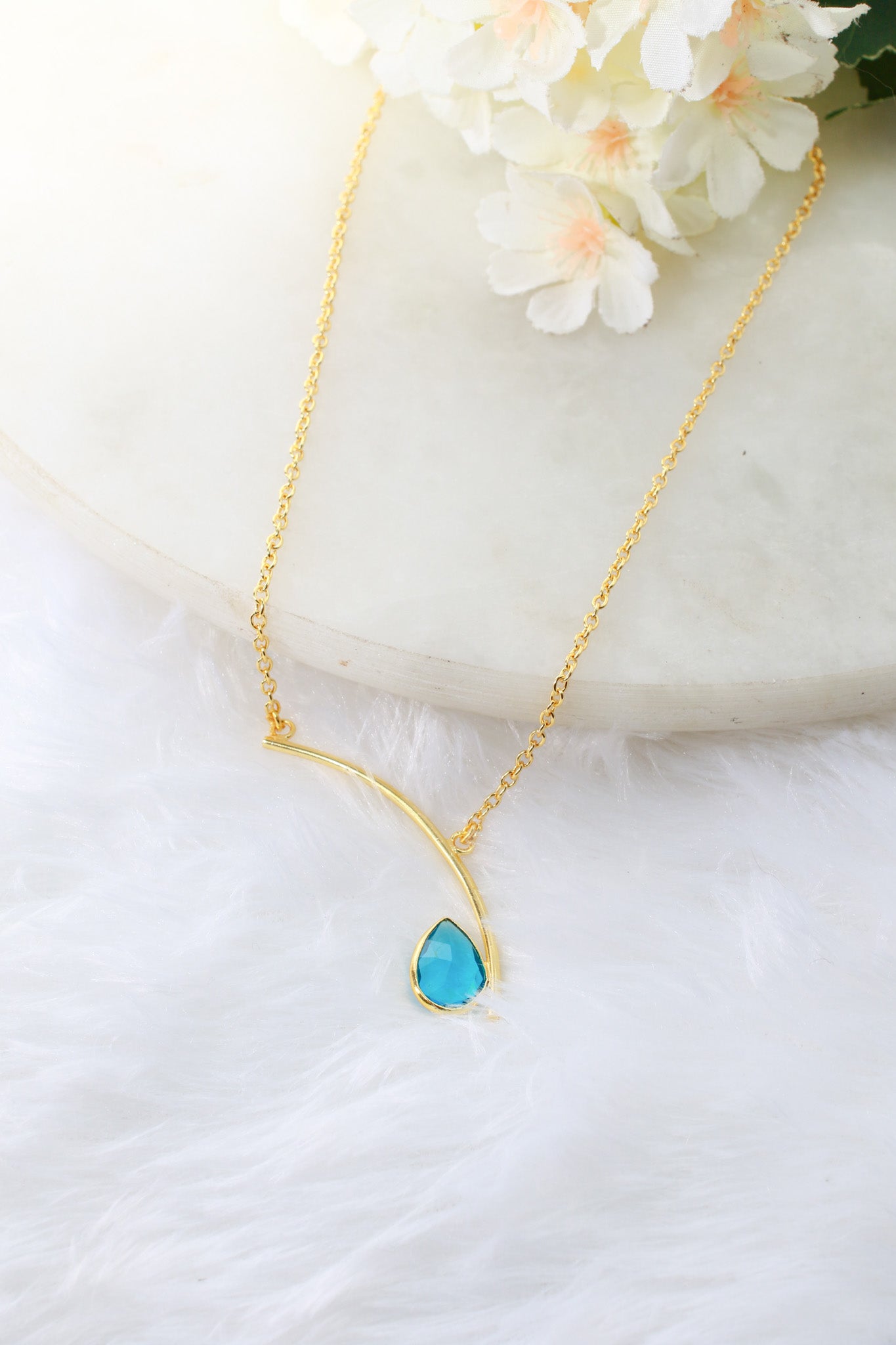 Curved Bar Chain Necklace with Aqua Teardrop Natural Stone | Brass Anti Tarnish | Lightweight