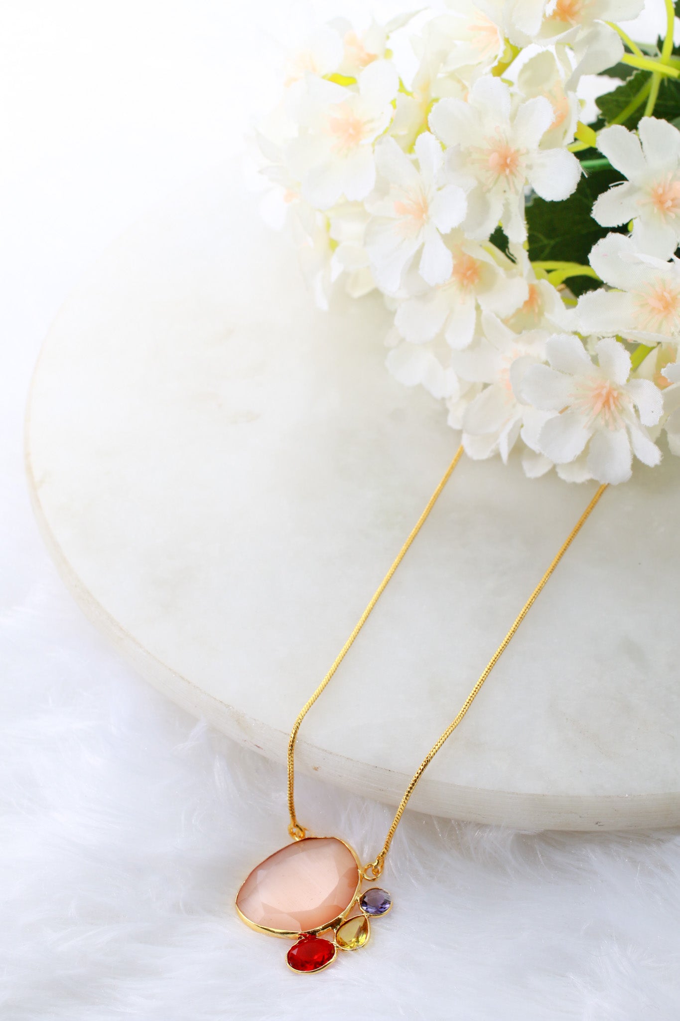 Peach & Multicolor Pendant Necklace | Natural Stones, Gold-Plated Brass
