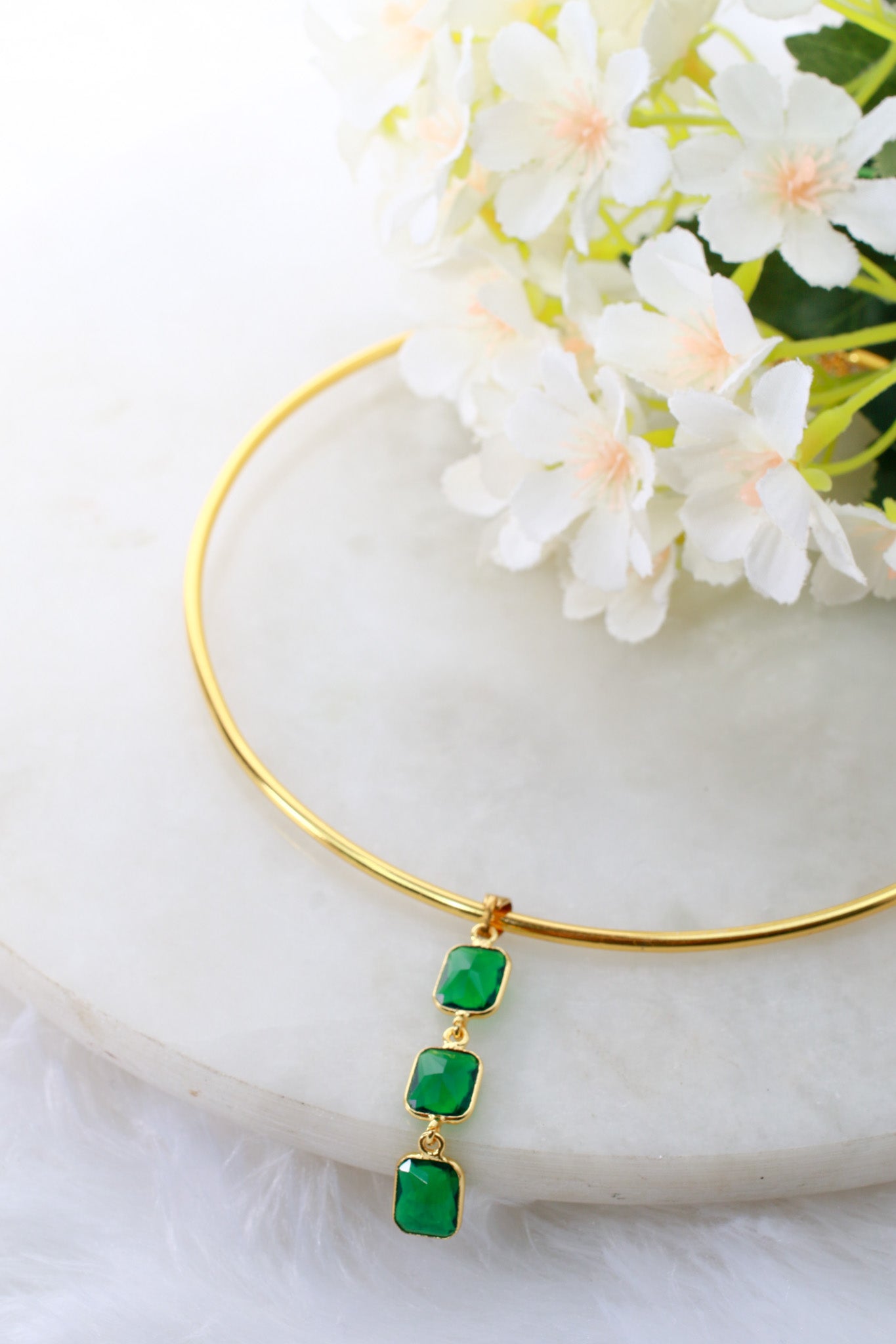 Hansuli Necklace with Triple Green Rectangle Pendant | Brass Anti Tarnish | Lightweight