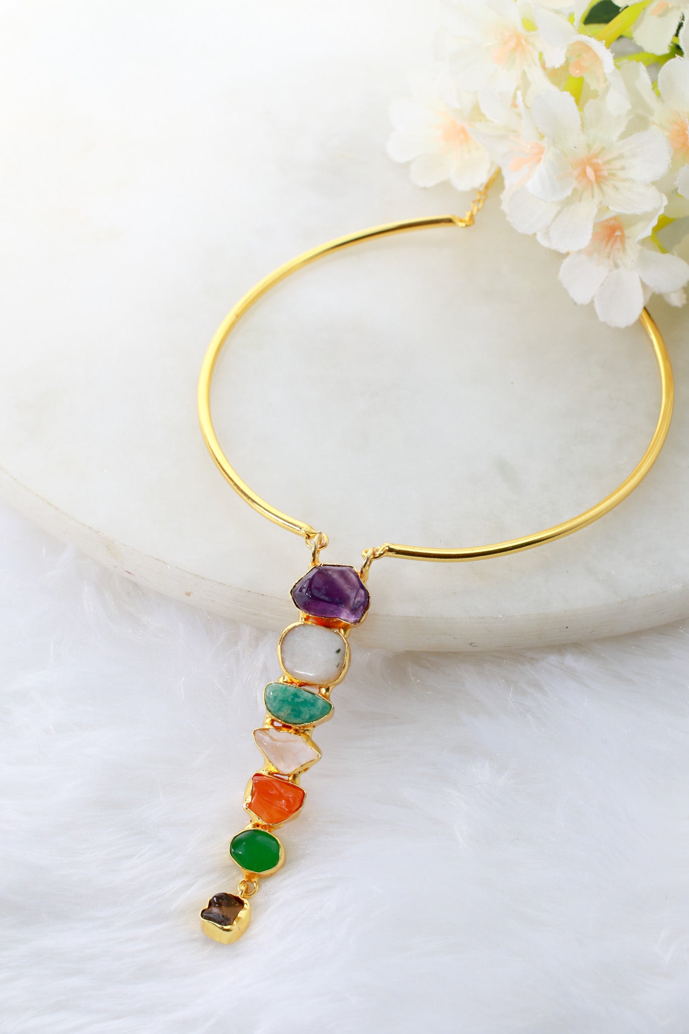 Hansuli Necklace with Vertical Multicolor Bar Pendant | Brass Anti Tarnish | Lightweight