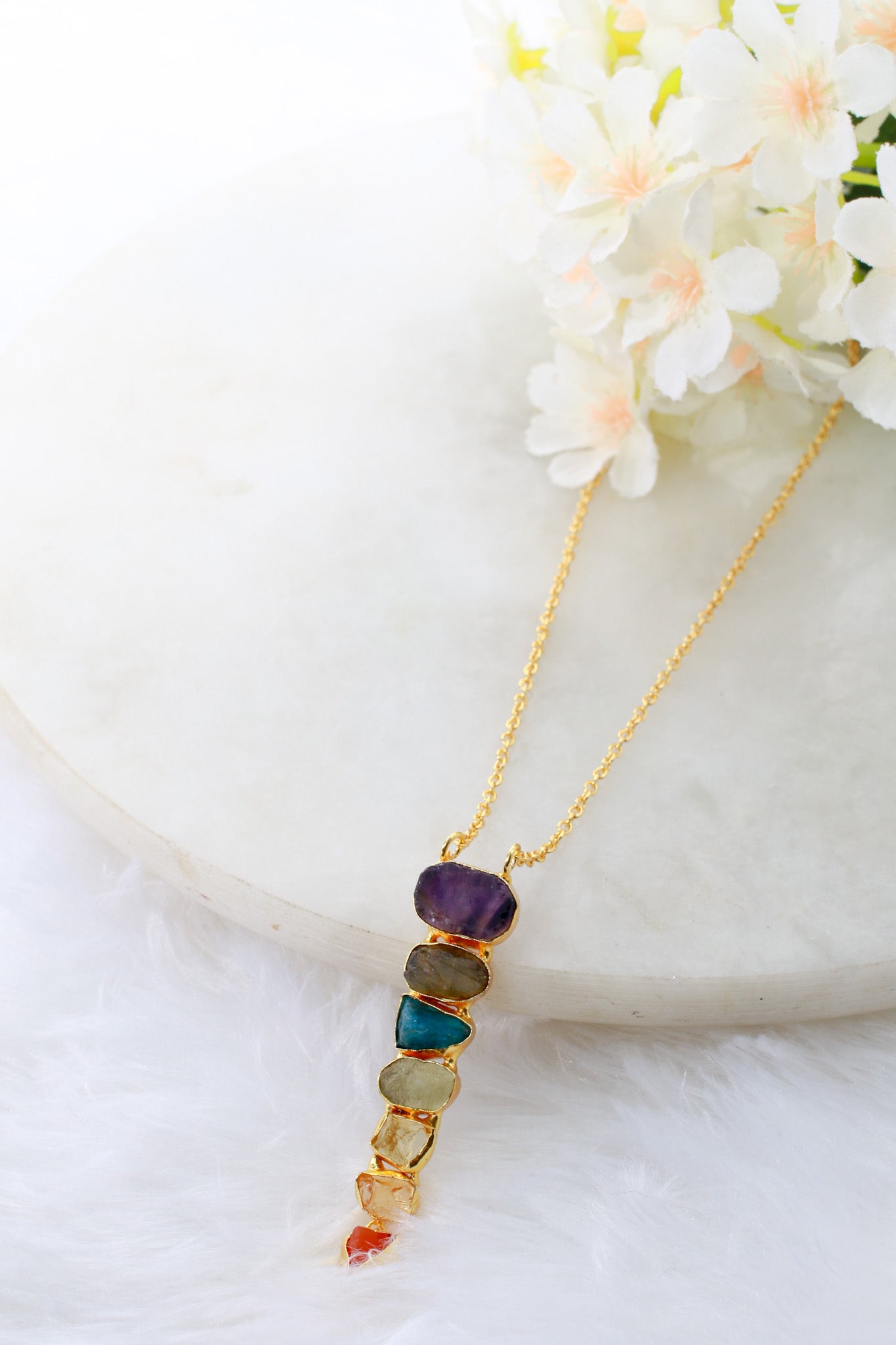 Multicolor Natural Stone Bar Pendant Necklace | Brass Anti Tarnish | Lightweight