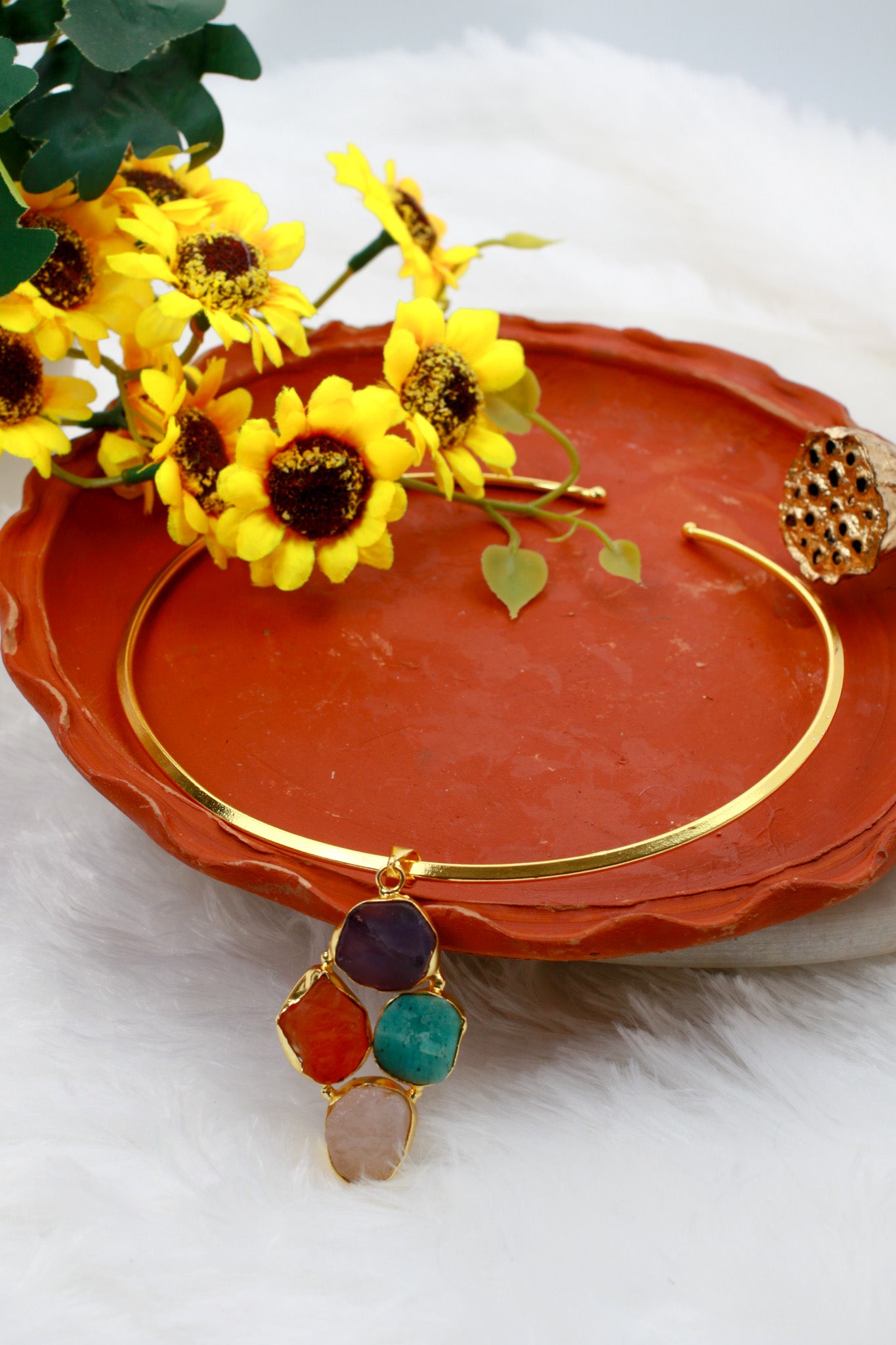 Minimal Hansuli Necklace with Multicolor Stones | Brass Anti Tarnish | Lightweight