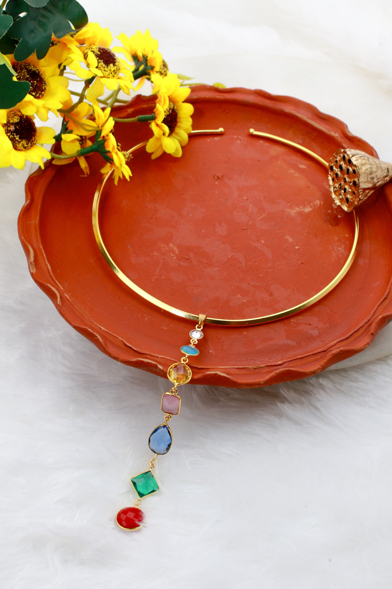 Hansuli Necklace with Multicolor Pendant | Brass Anti Tarnish | Lightweight