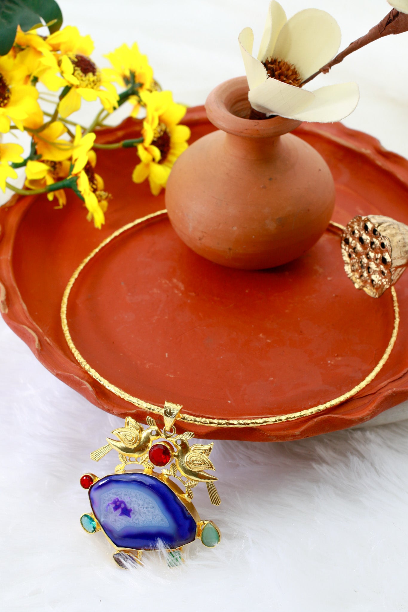 Hansuli Necklace with Bird Motif & Blue Geode Pendant | Brass Anti Tarnish | Lightweight