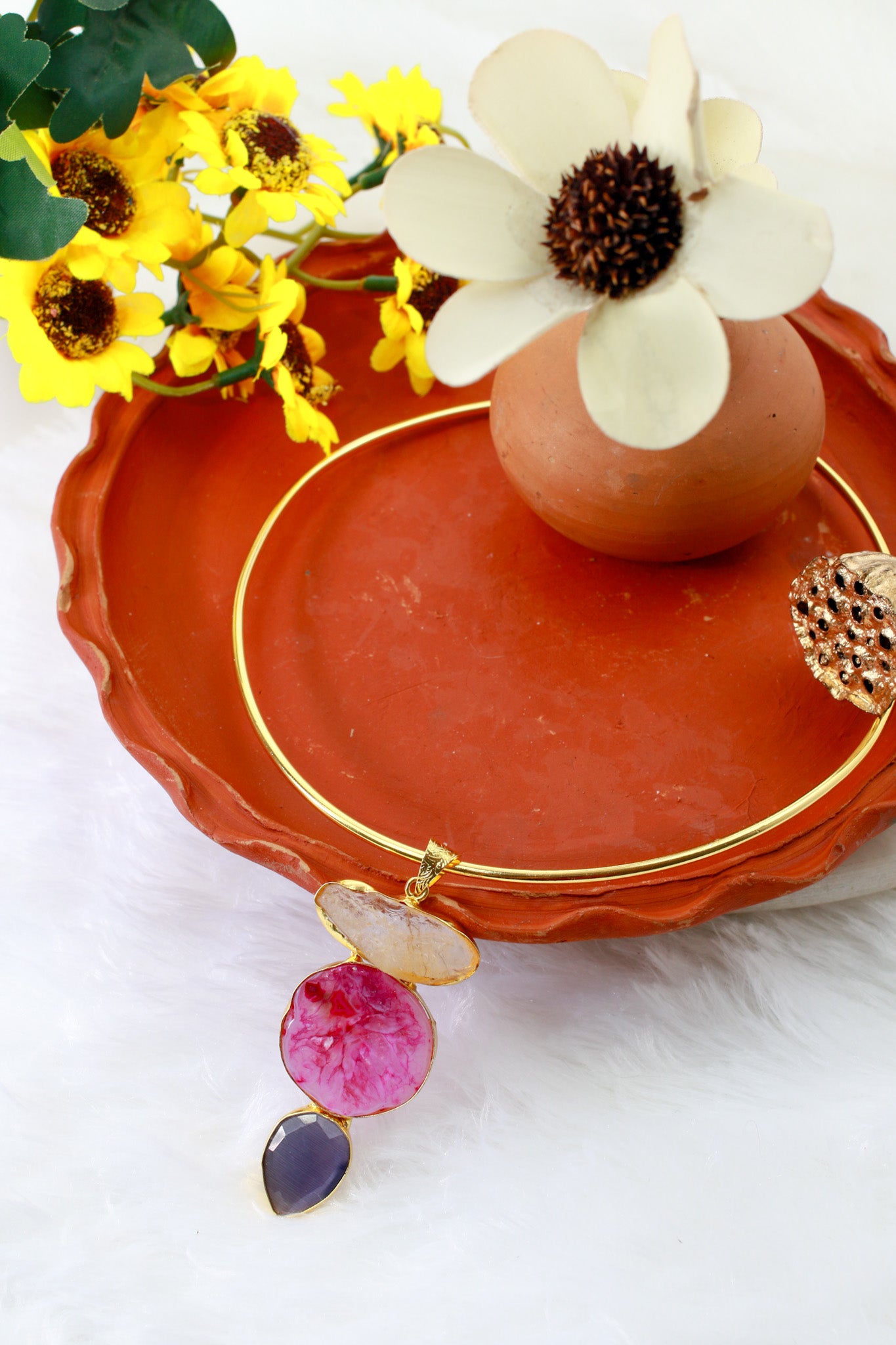 Hansuli Necklace with Triple Stone Pendant – Pink Yellow Navy | Brass Anti Tarnish | Lightweight