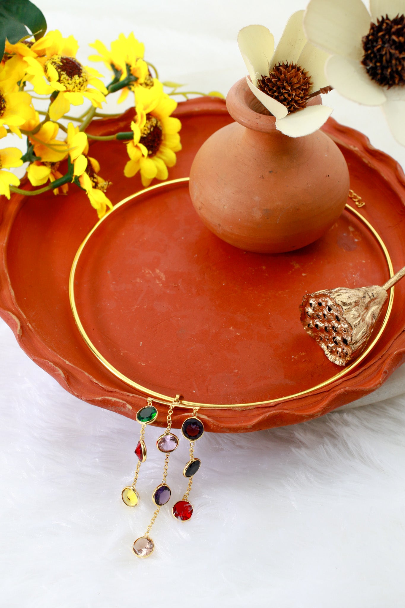 Hansuli Necklace with Triple-Chain Gem Pendant | Brass Anti Tarnish | Lightweight