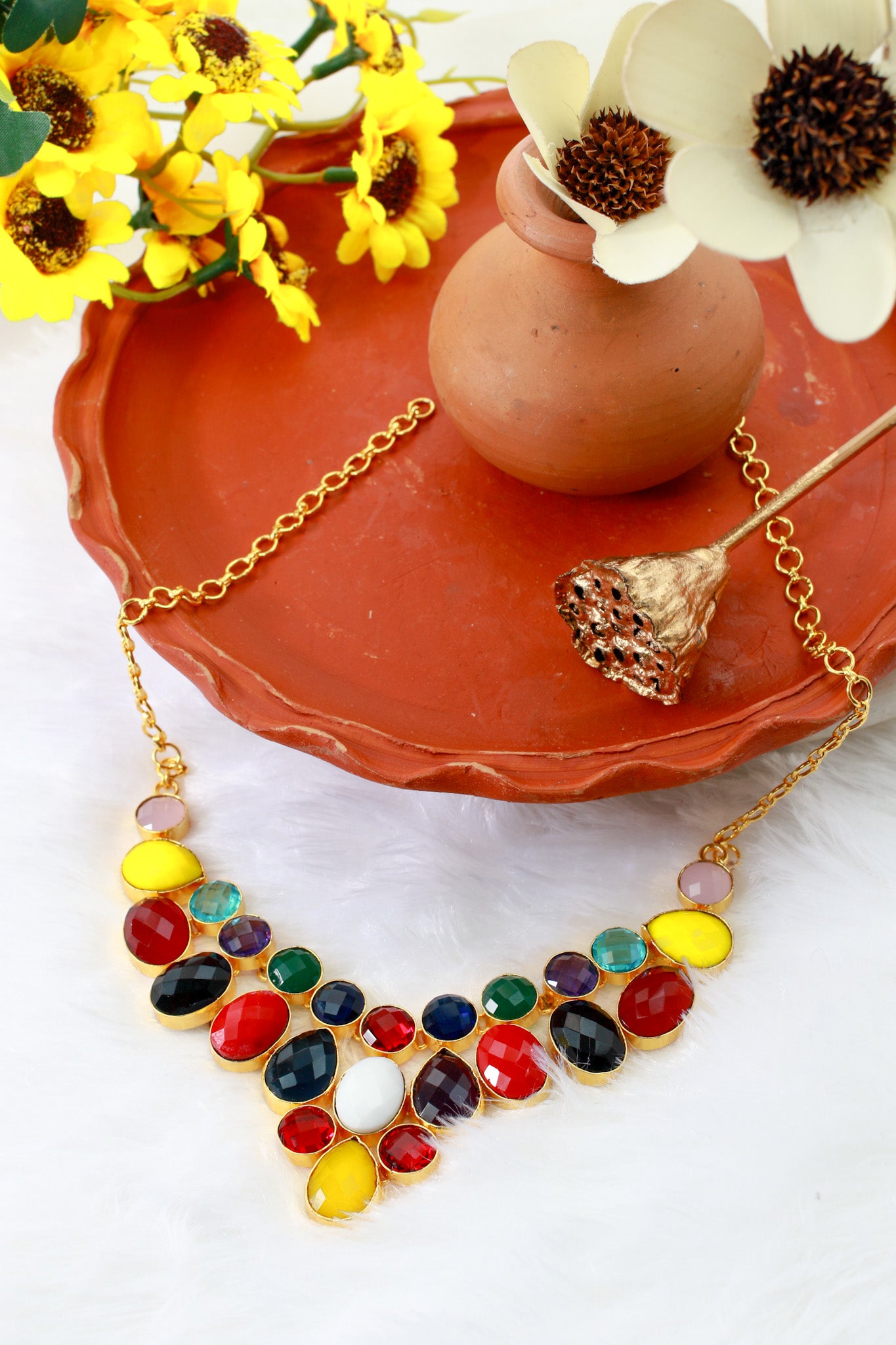 Multicolor Natural Stone Bib Statement Necklace | Brass Anti Tarnish | Lightweight