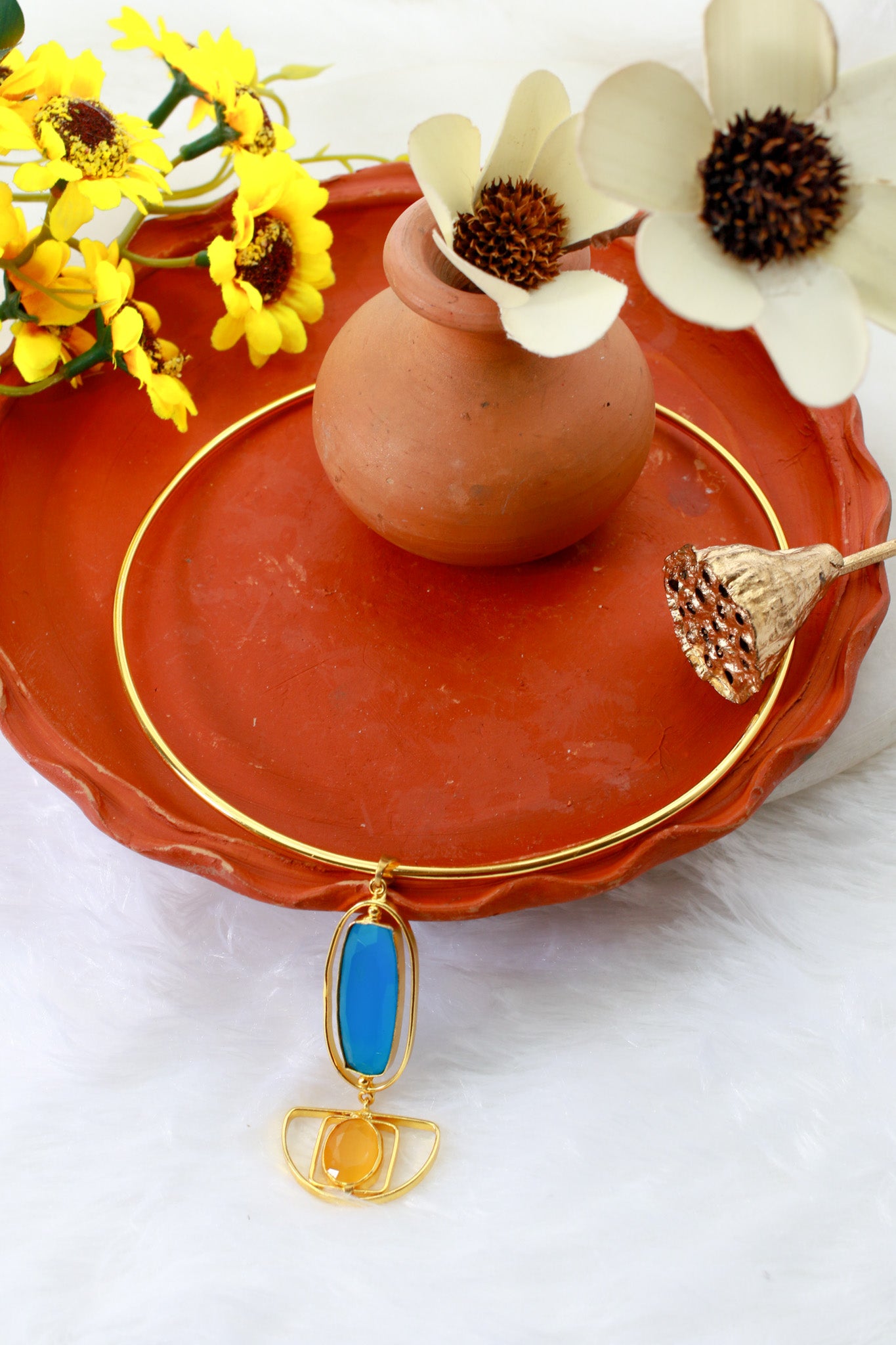 Hansuli Necklace with Dual‑Tone Geometric Pendant – Blue & Yellow Stones | Brass Anti Tarnish | Lightweight