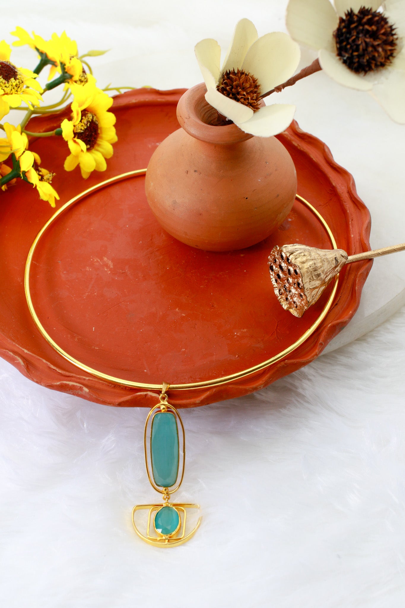 Hansuli Necklace with Art‑Deco Aqua Pendant | Brass Anti Tarnish | Lightweight