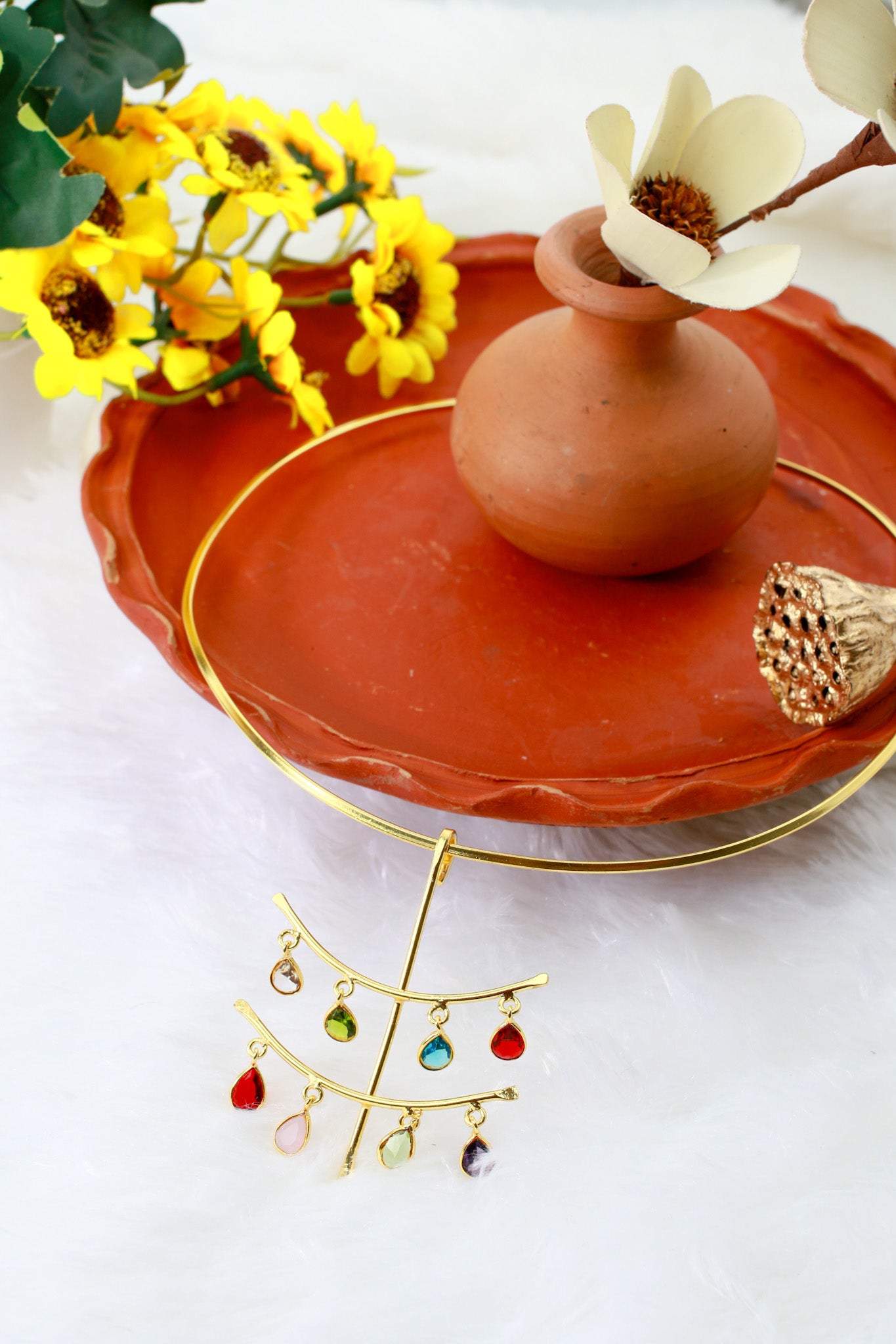 Hansuli Necklace with Cascade Teardrop Charms – Multicolor Stones | Brass Anti Tarnish | Lightweight