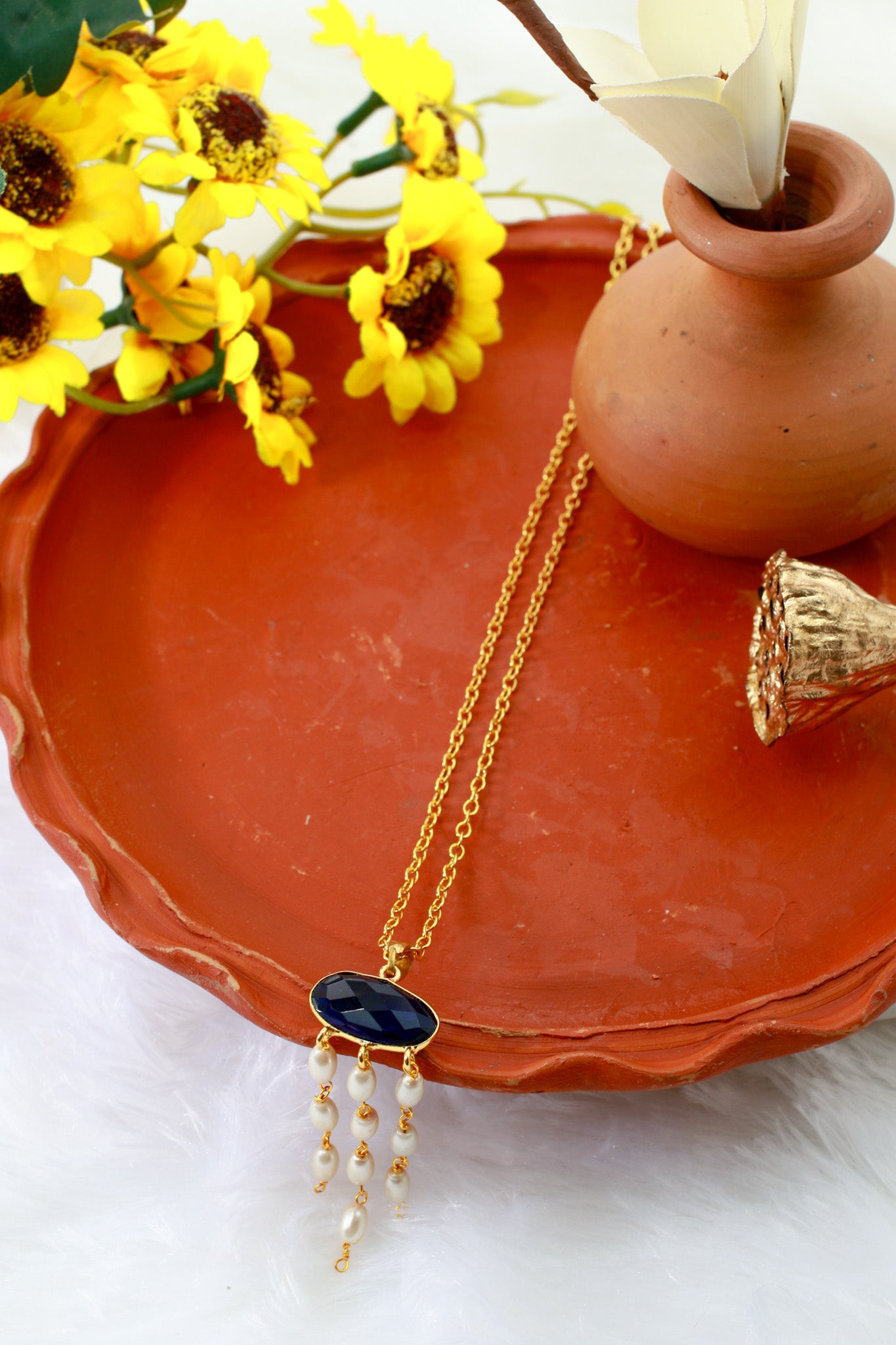 Blue Stone & Pearl Tassel Chain Pendant | Natural Stones, Gold-Plated Brass