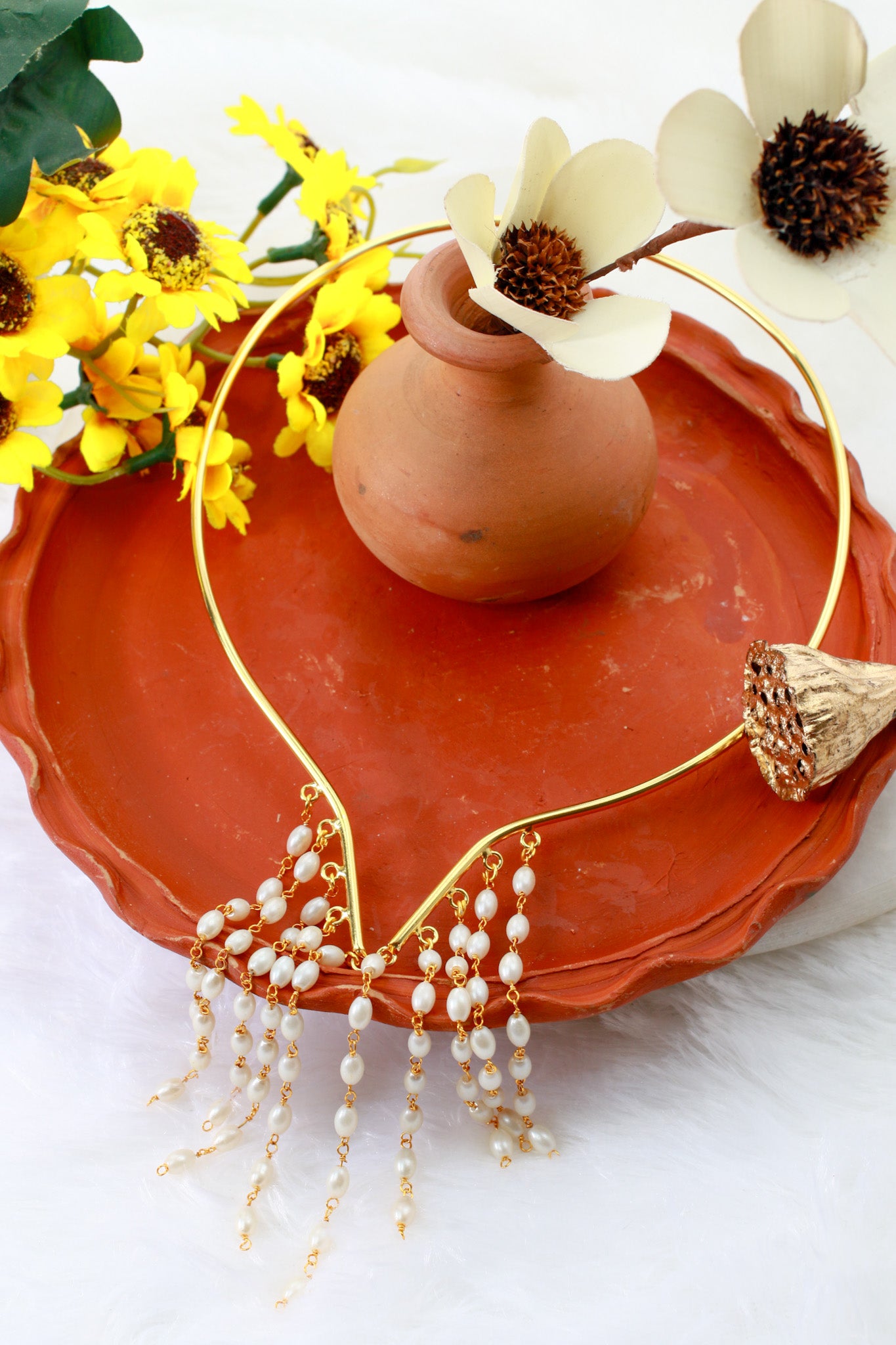 Pearl Tassel Hansuli Necklace | Brass Anti Tarnish | Lightweight