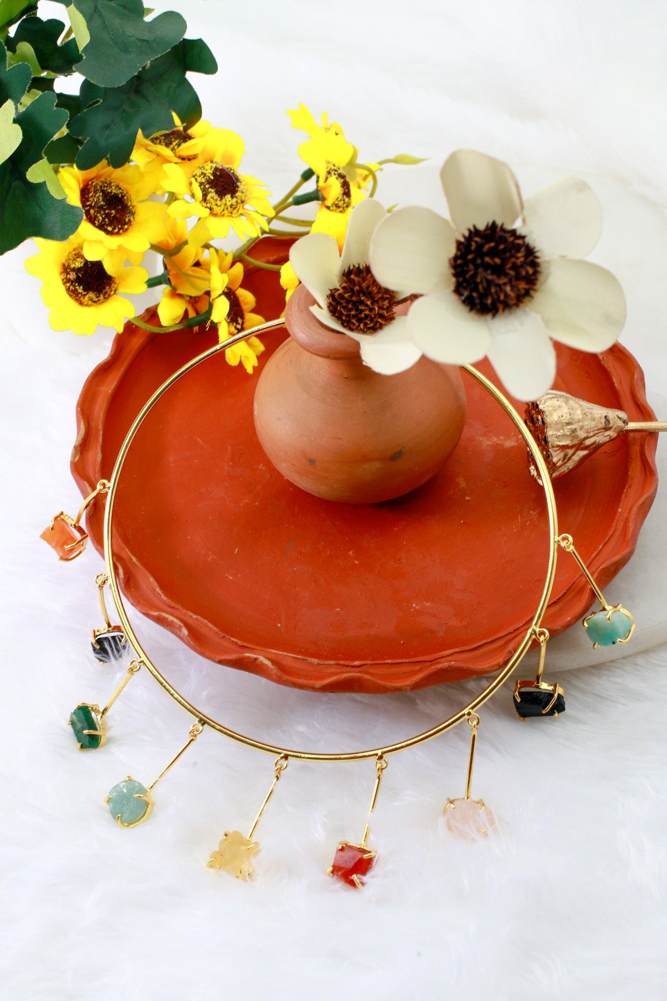 Hansuli Style Necklace with Natural Stones | Brass Anti Tarnish | Lightweight