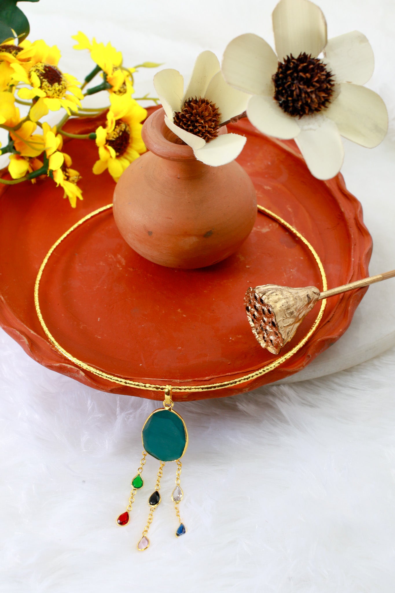 Hansuli Necklace with Green Pendant & Raindrop Dangles | Brass Anti Tarnish | Lightweight