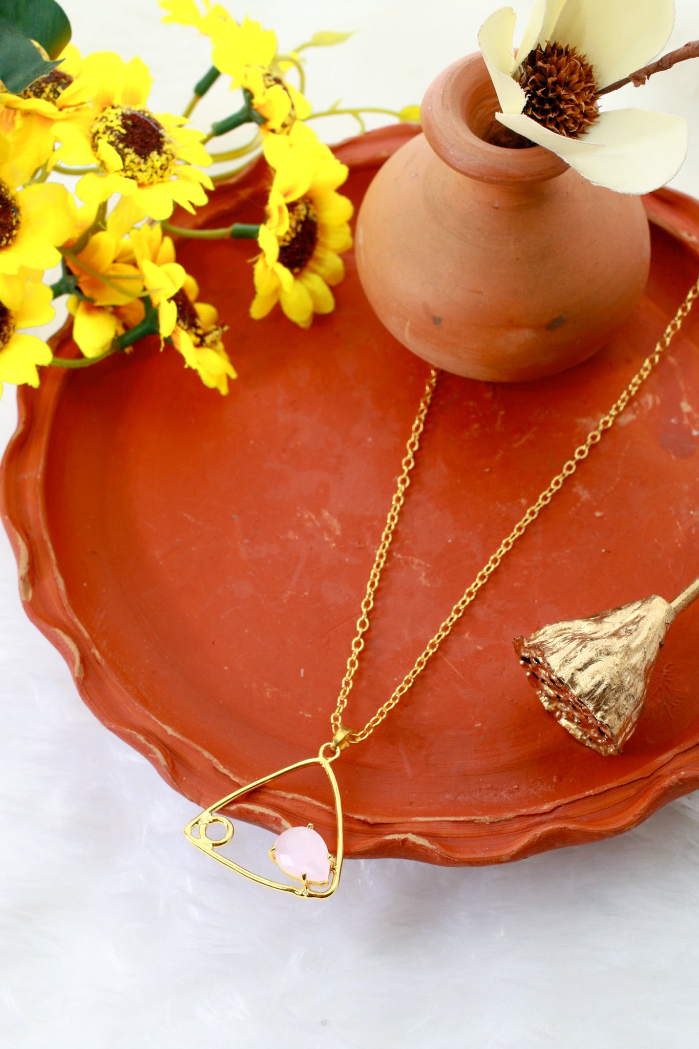 Geometric Triangle Pendant with Rose Quartz | Natural Stone Chain Pendant, Gold-Plated Brass