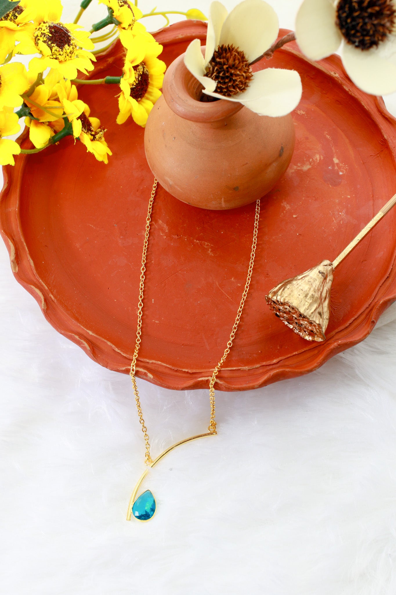 Curved Bar Chain Necklace with Aqua Teardrop Natural Stone | Brass Anti Tarnish | Lightweight