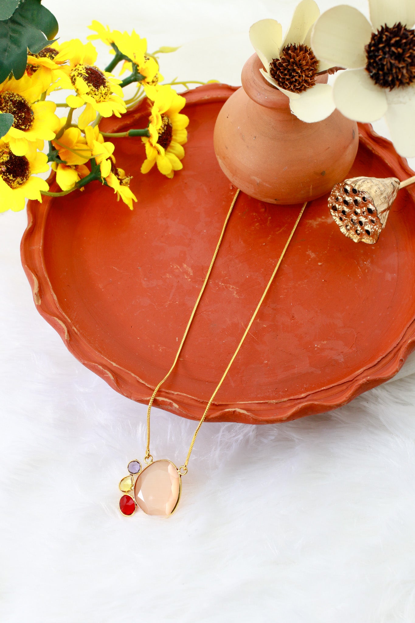 Peach & Multicolor Pendant Necklace | Natural Stones, Gold-Plated Brass