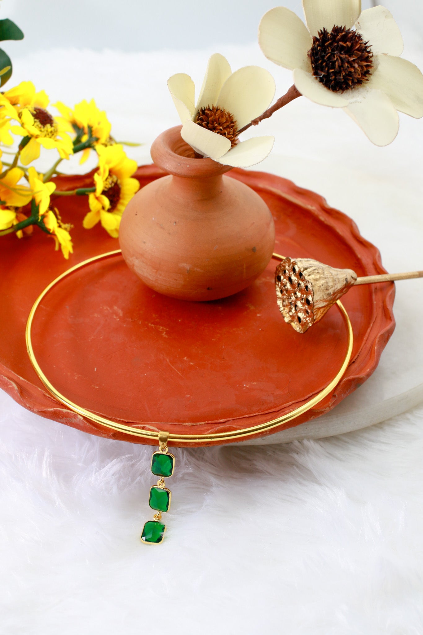 Hansuli Necklace with Triple Green Rectangle Pendant | Brass Anti Tarnish | Lightweight