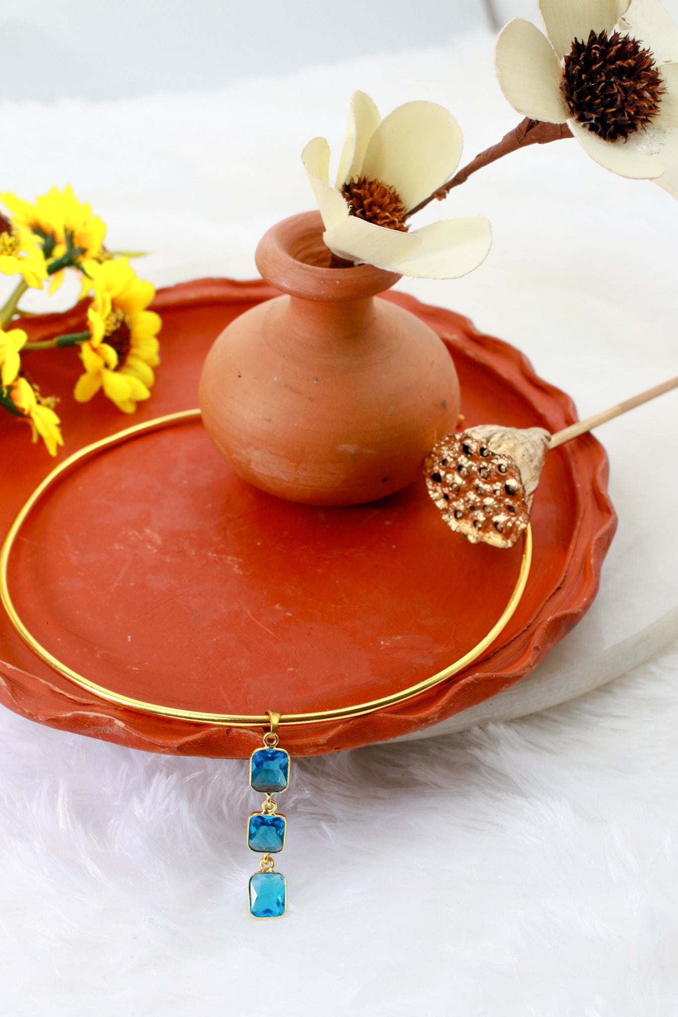 Hansuli Necklace with Triple Blue Rectangle Pendant | Brass Anti Tarnish | Lightweight