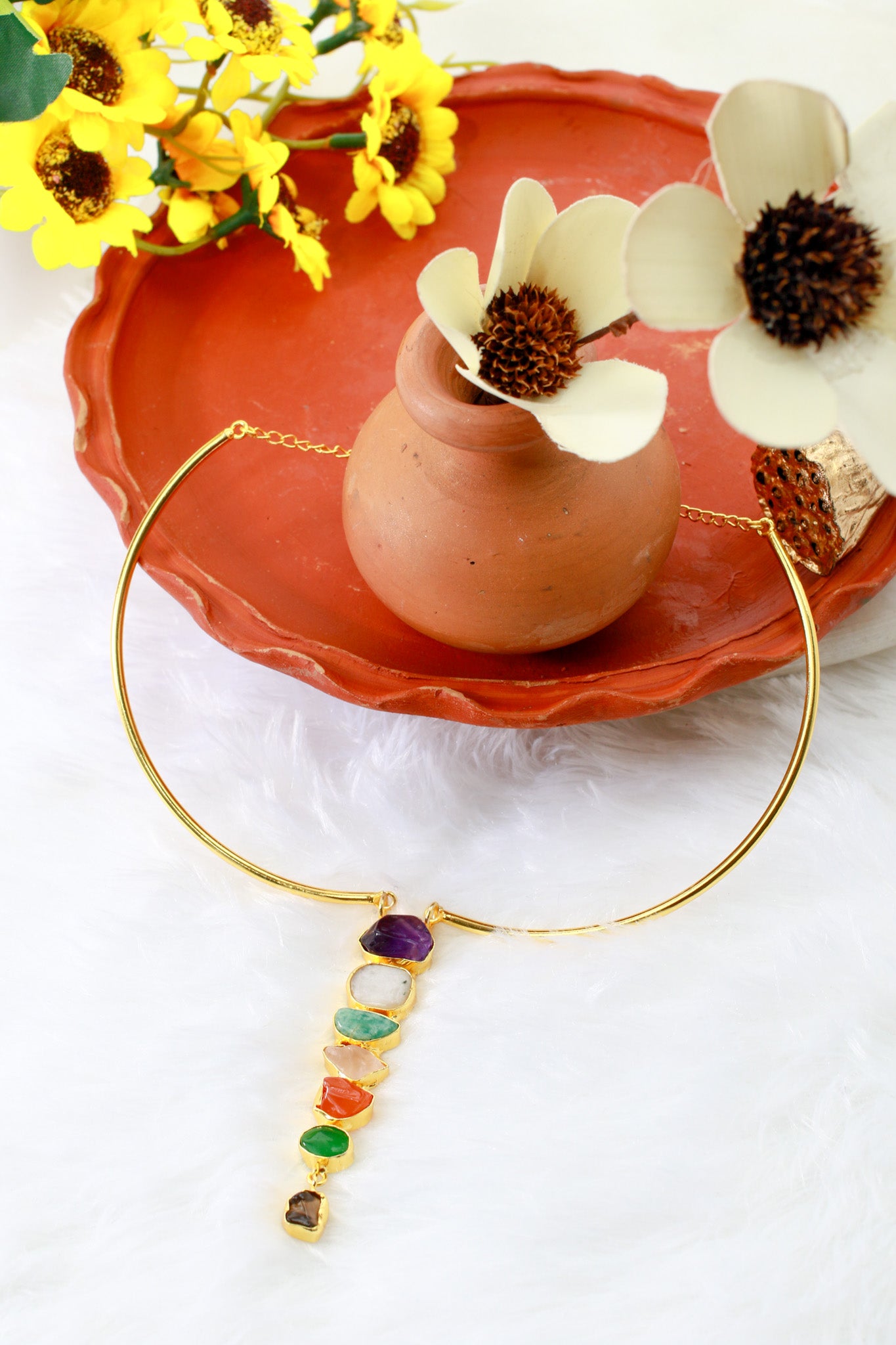 Hansuli Necklace with Vertical Multicolor Bar Pendant | Brass Anti Tarnish | Lightweight