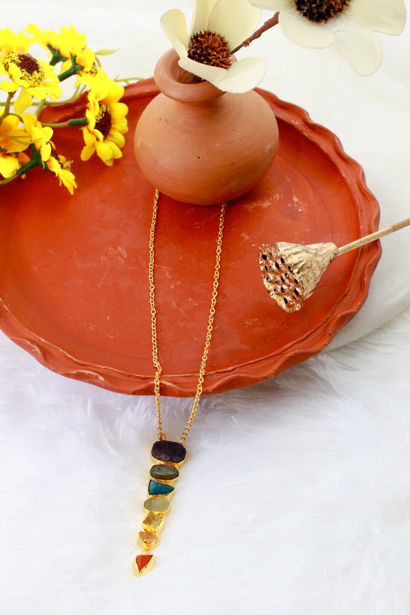 Multicolor Natural Stone Bar Pendant Necklace | Brass Anti Tarnish | Lightweight