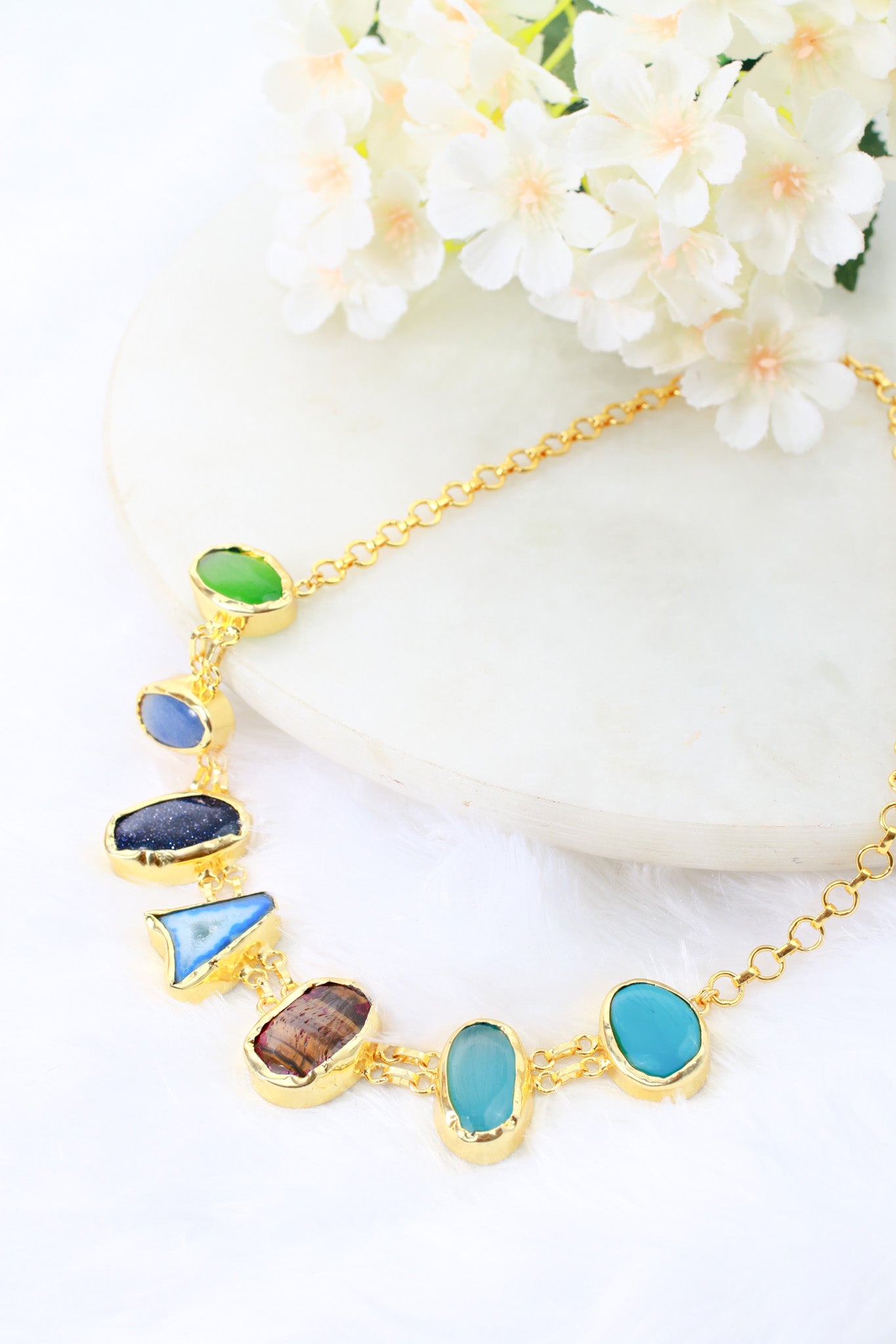 Natural Stone Statement Necklace – Multicolor Gem Chain | Brass Anti Tarnish | Lightweight