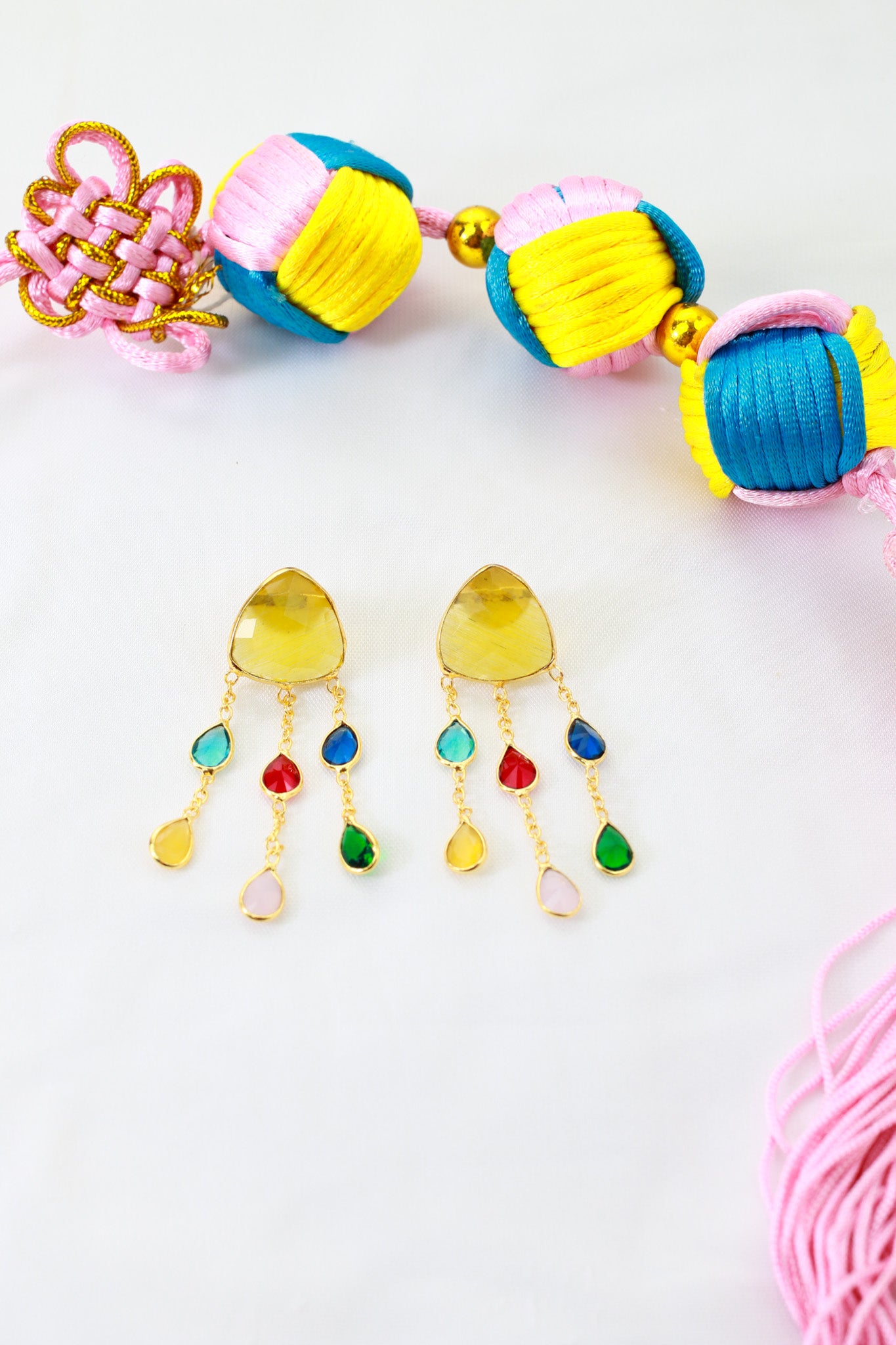 Natural Stone Multicolor Chandelier Earrings in Gold‑Plated Brass | Anti‑Tarnish, Lightweight
