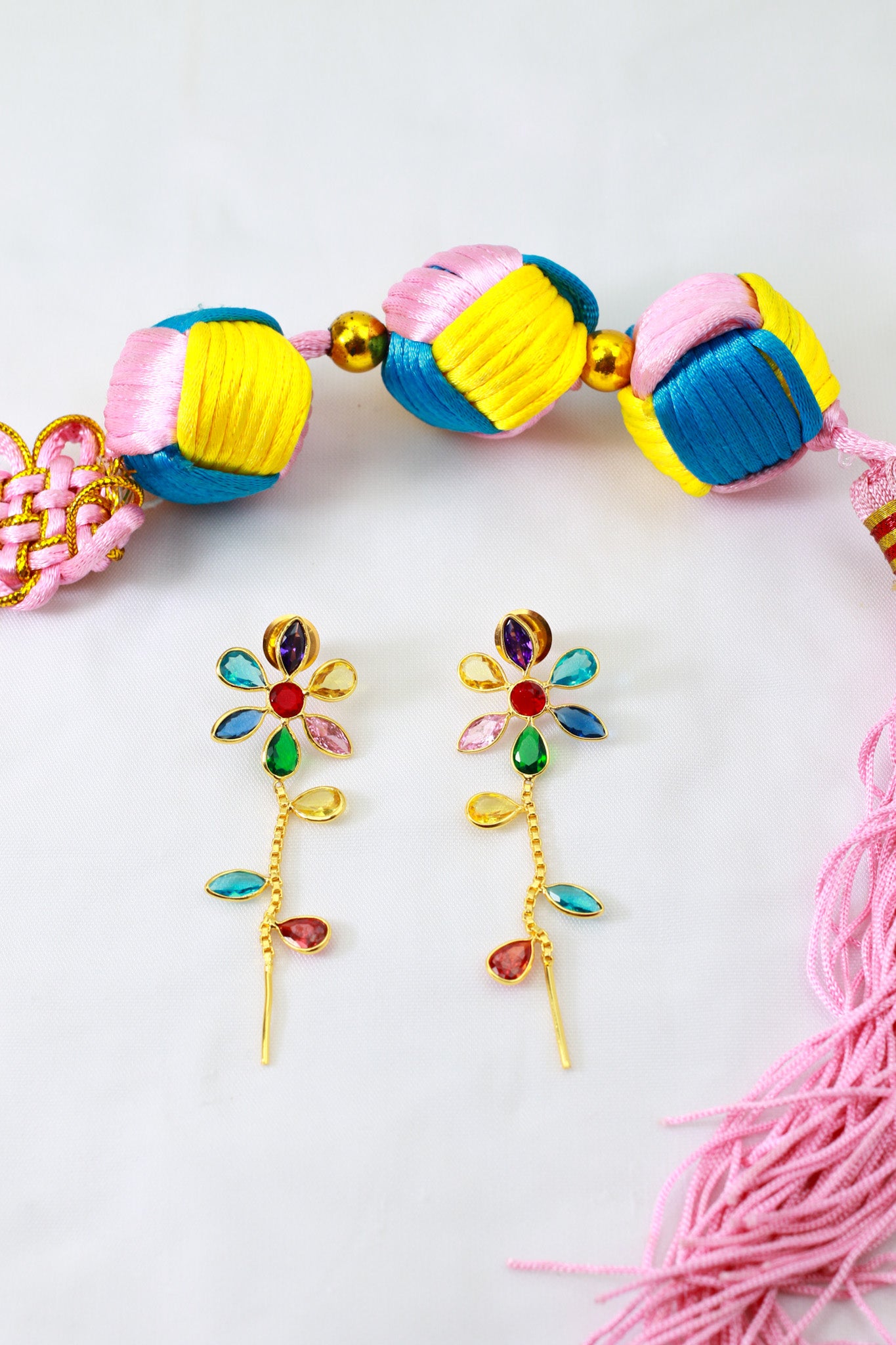 Multicolor Floral Ear Climber Threader Earrings | Natural Stones, Gold‑Plated Brass