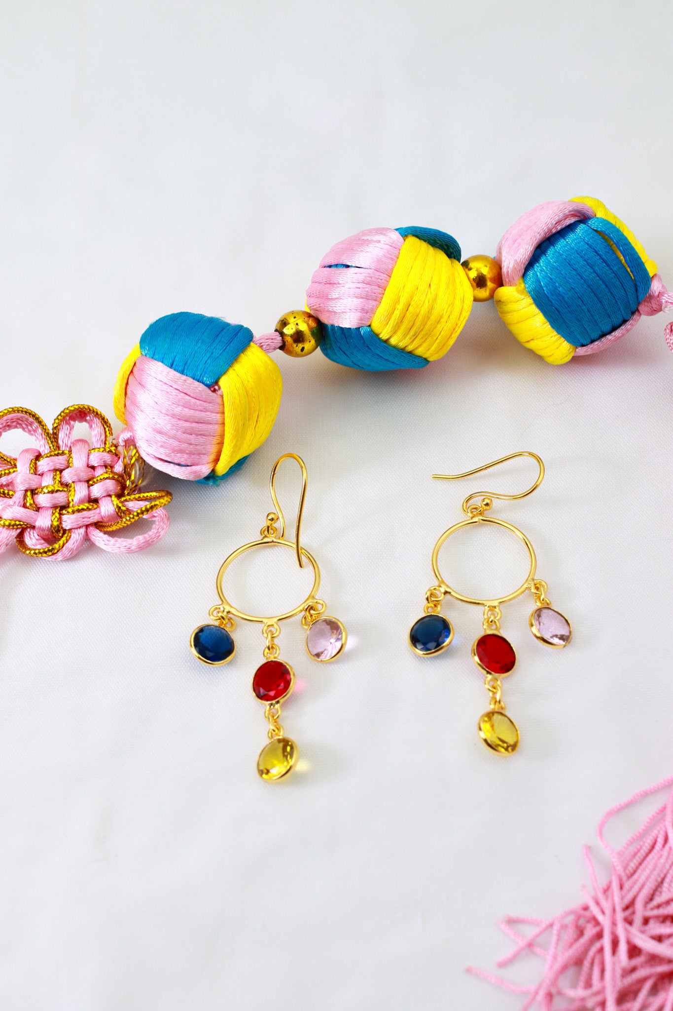 Circle Charm Dangle Earrings – Multicolor Natural Stones | Gold‑Plated Brass