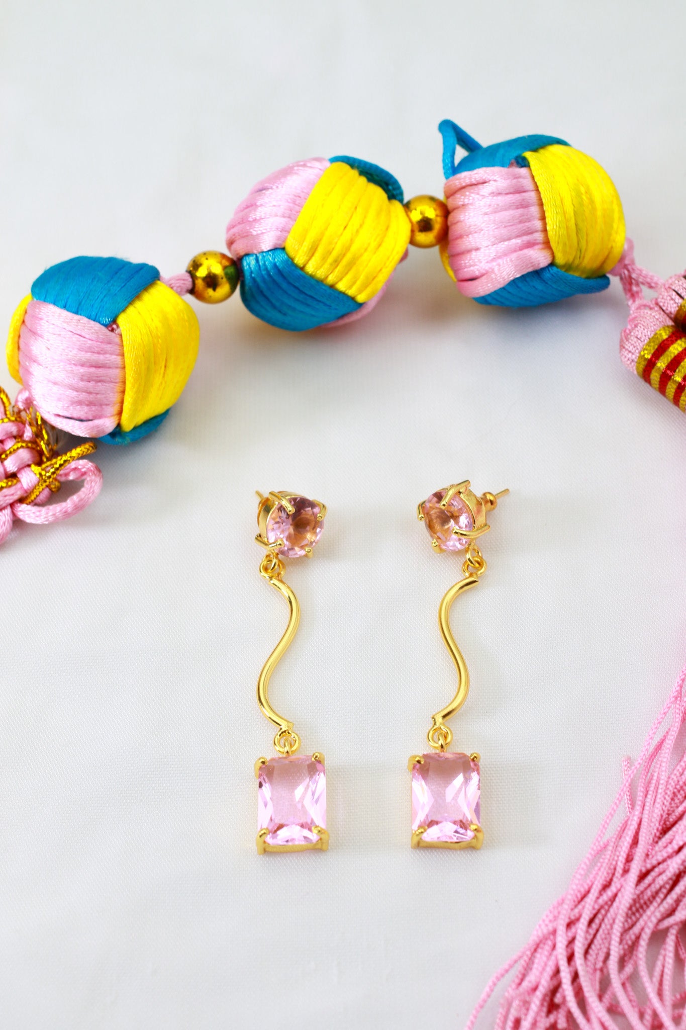 Wavy Bar Drop Earrings with Rose Emerald‑Cut Stone | Natural Stone, Gold‑Plated Brass