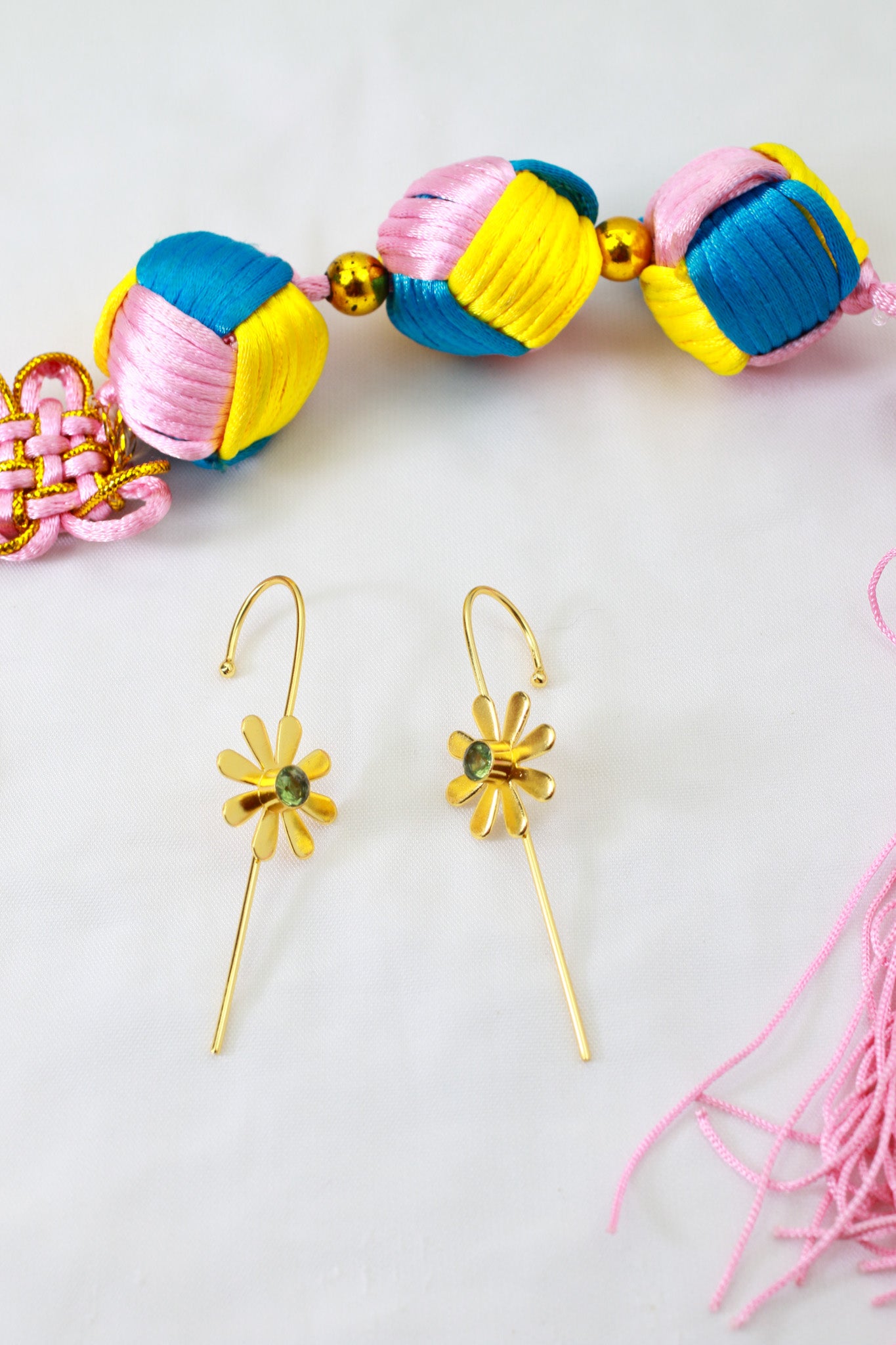 Floral Bugadi Earrings with Green Stone | Gold-Plated Brass, Lightweight