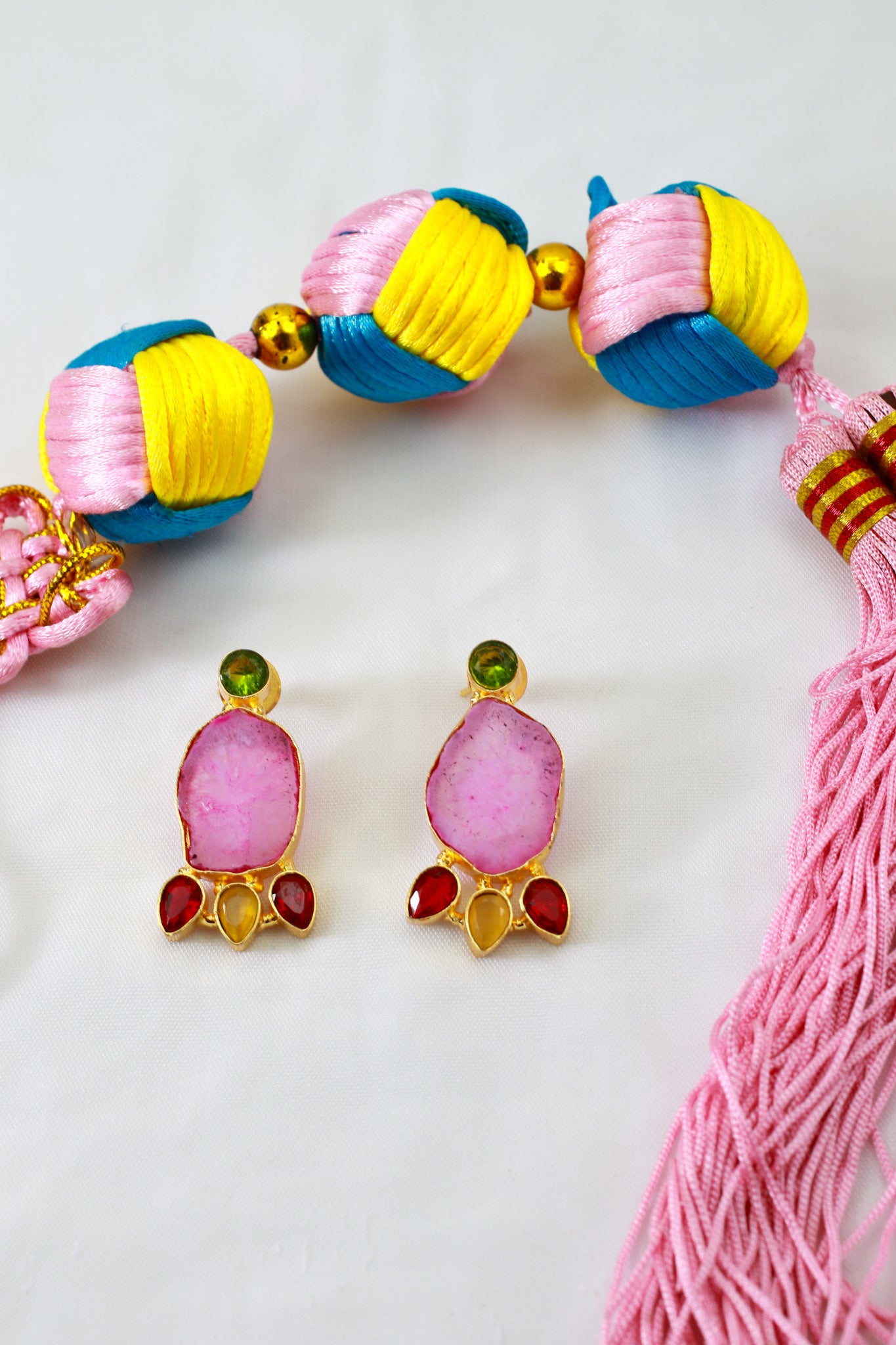 Natural Druzy Slice Earrings – Pink with Green Stud | Gold‑Plated Brass, Anti‑Tarnish