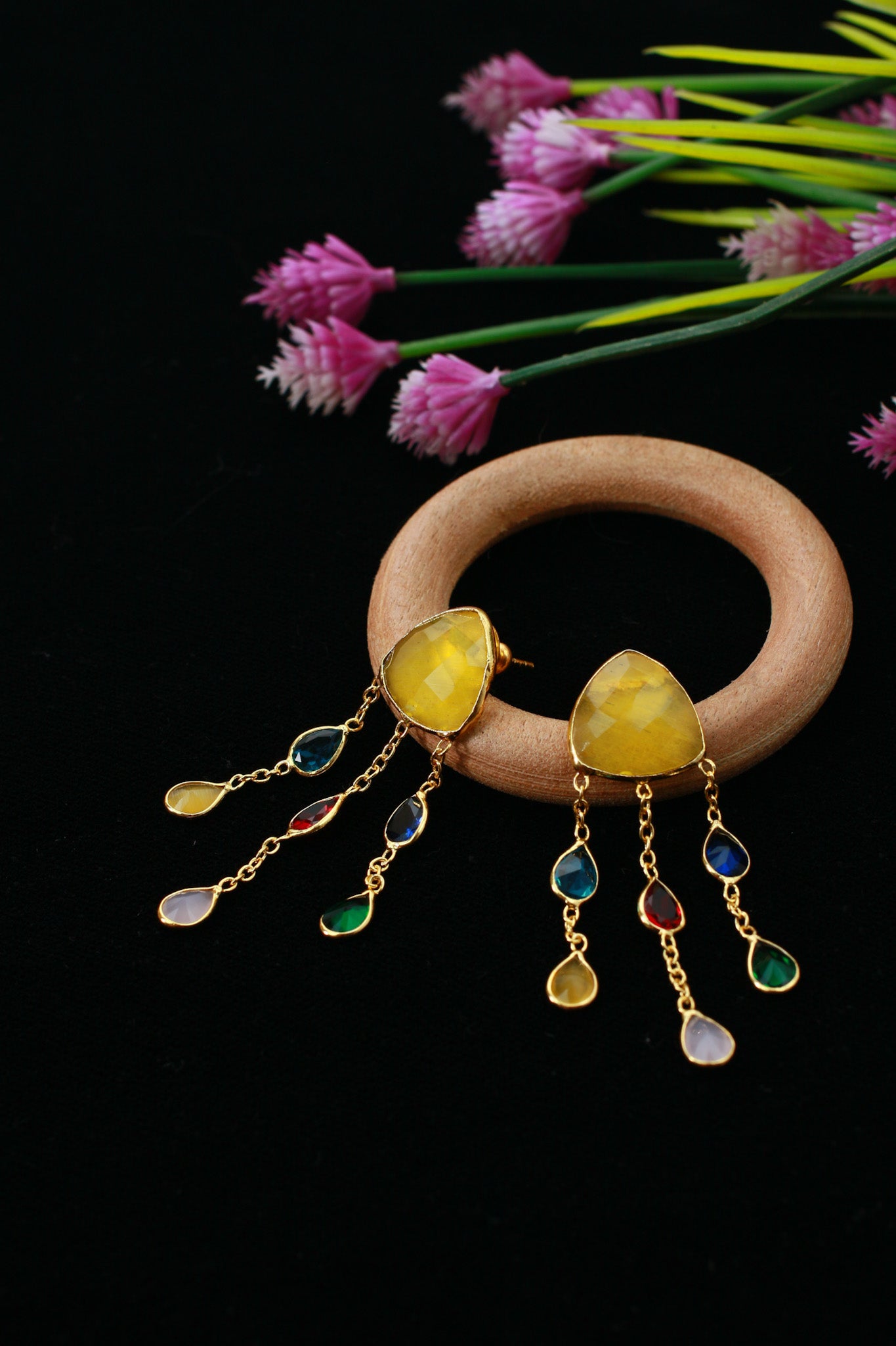 Natural Stone Multicolor Chandelier Earrings in Gold‑Plated Brass | Anti‑Tarnish, Lightweight