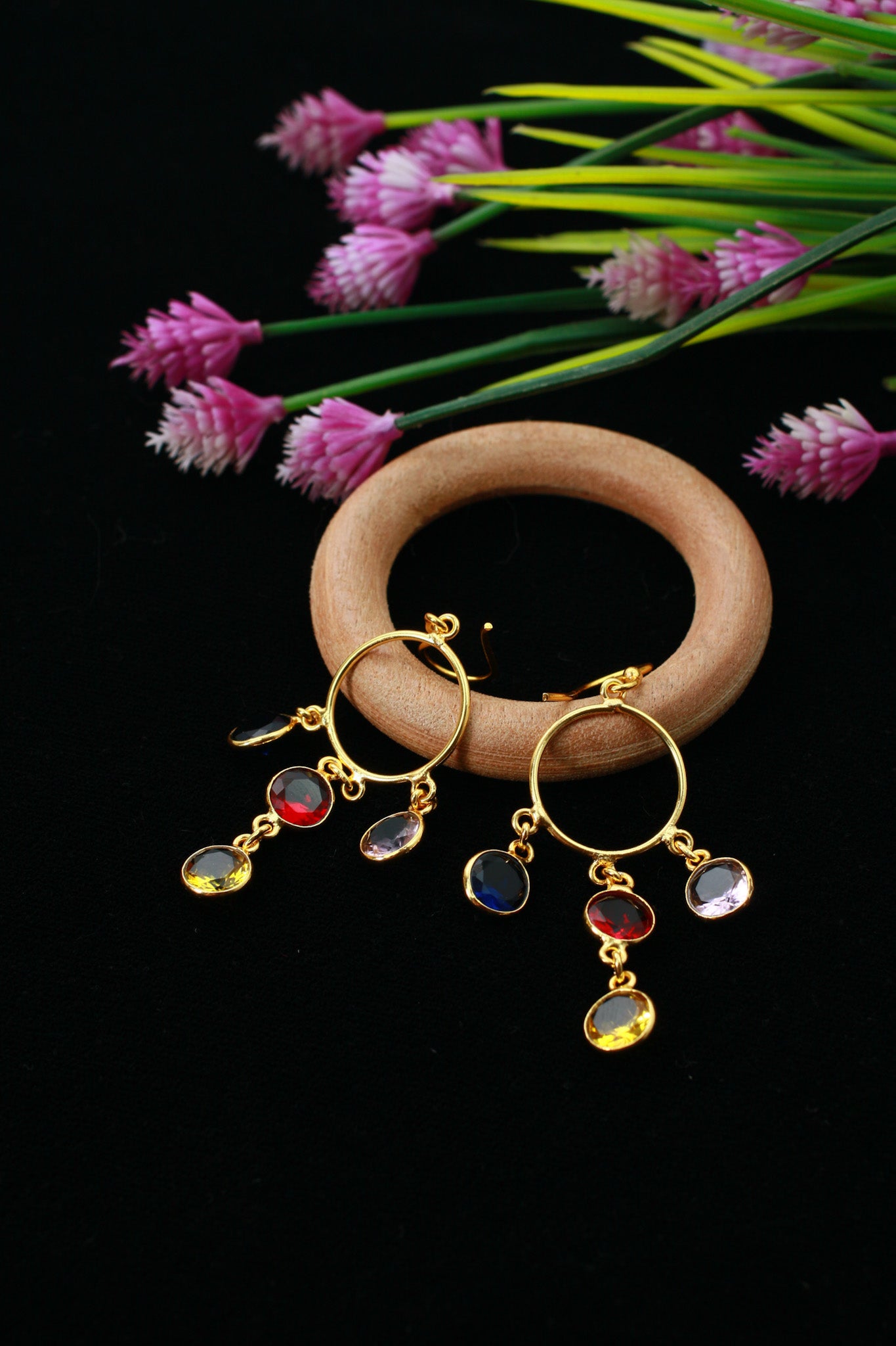 Circle Charm Dangle Earrings – Multicolor Natural Stones | Gold‑Plated Brass