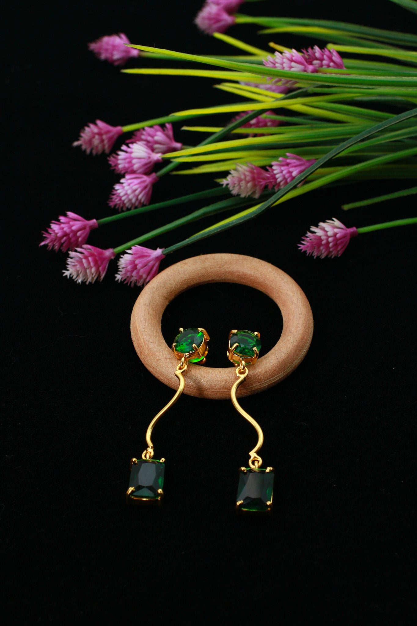 Wavy Bar Drop Earrings with Emerald‑Green Stone | Natural Stone, Gold‑Plated Brass