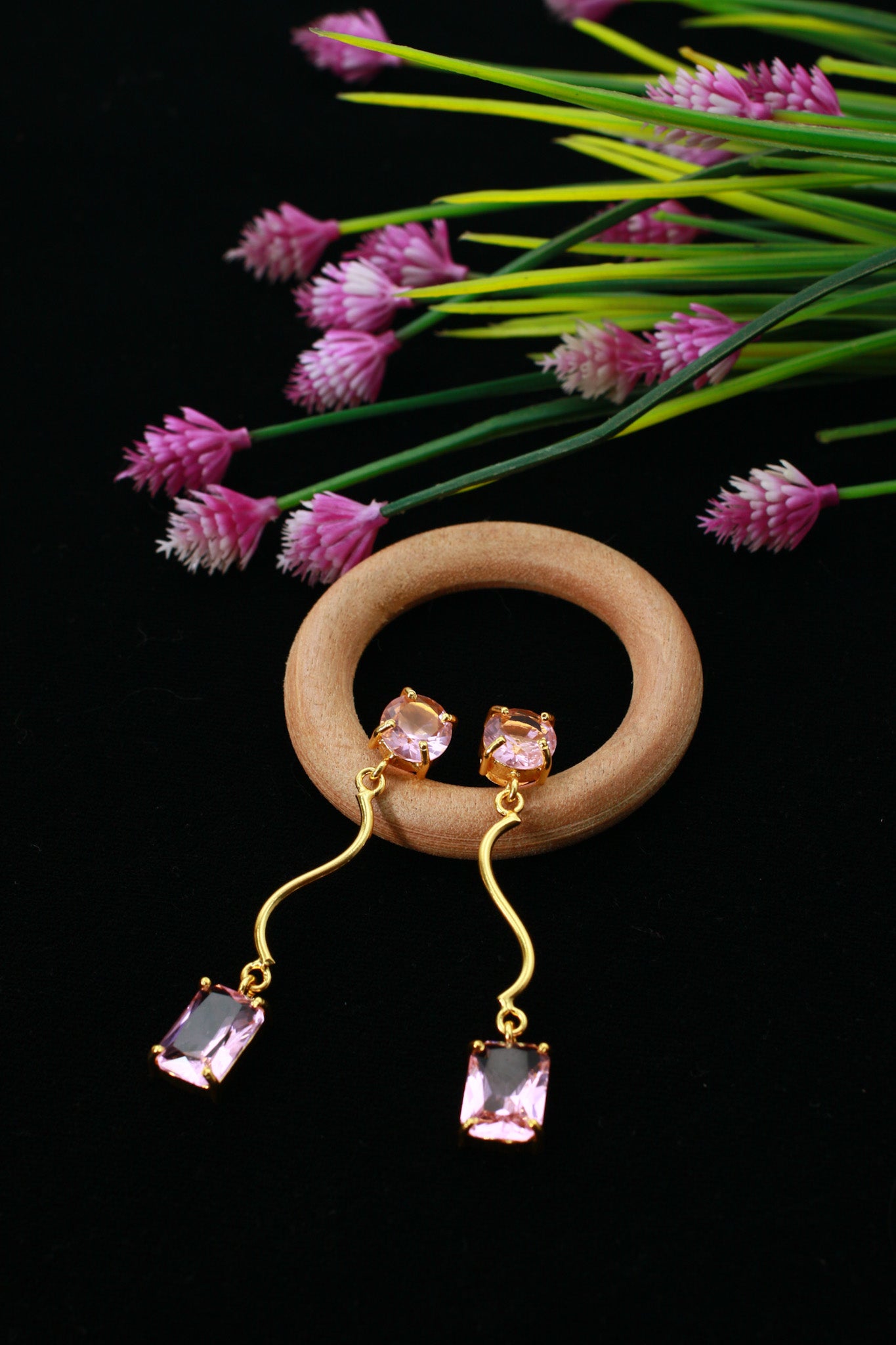 Wavy Bar Drop Earrings with Rose Emerald‑Cut Stone | Natural Stone, Gold‑Plated Brass