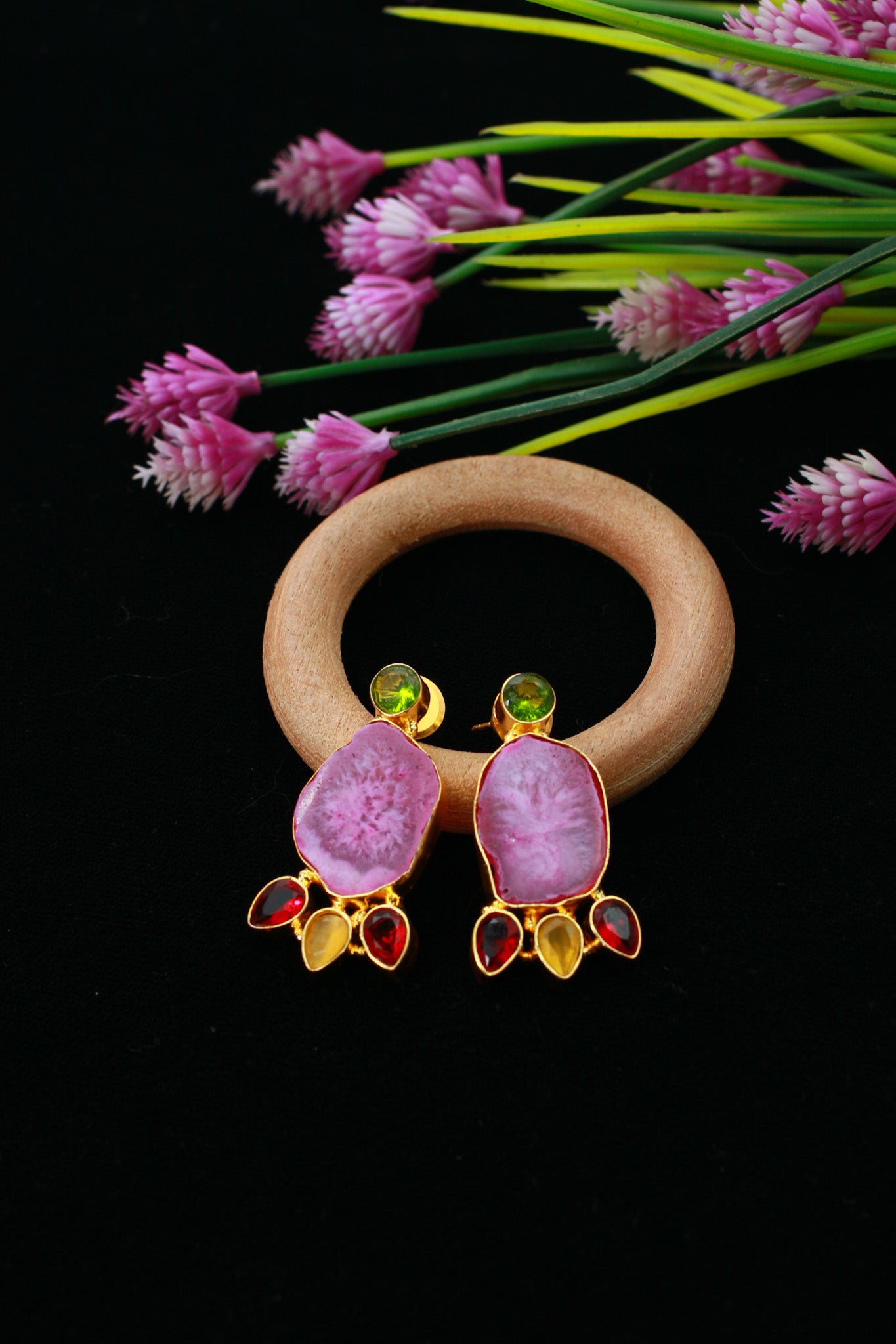 Natural Druzy Slice Earrings – Pink with Green Stud | Gold‑Plated Brass, Anti‑Tarnish