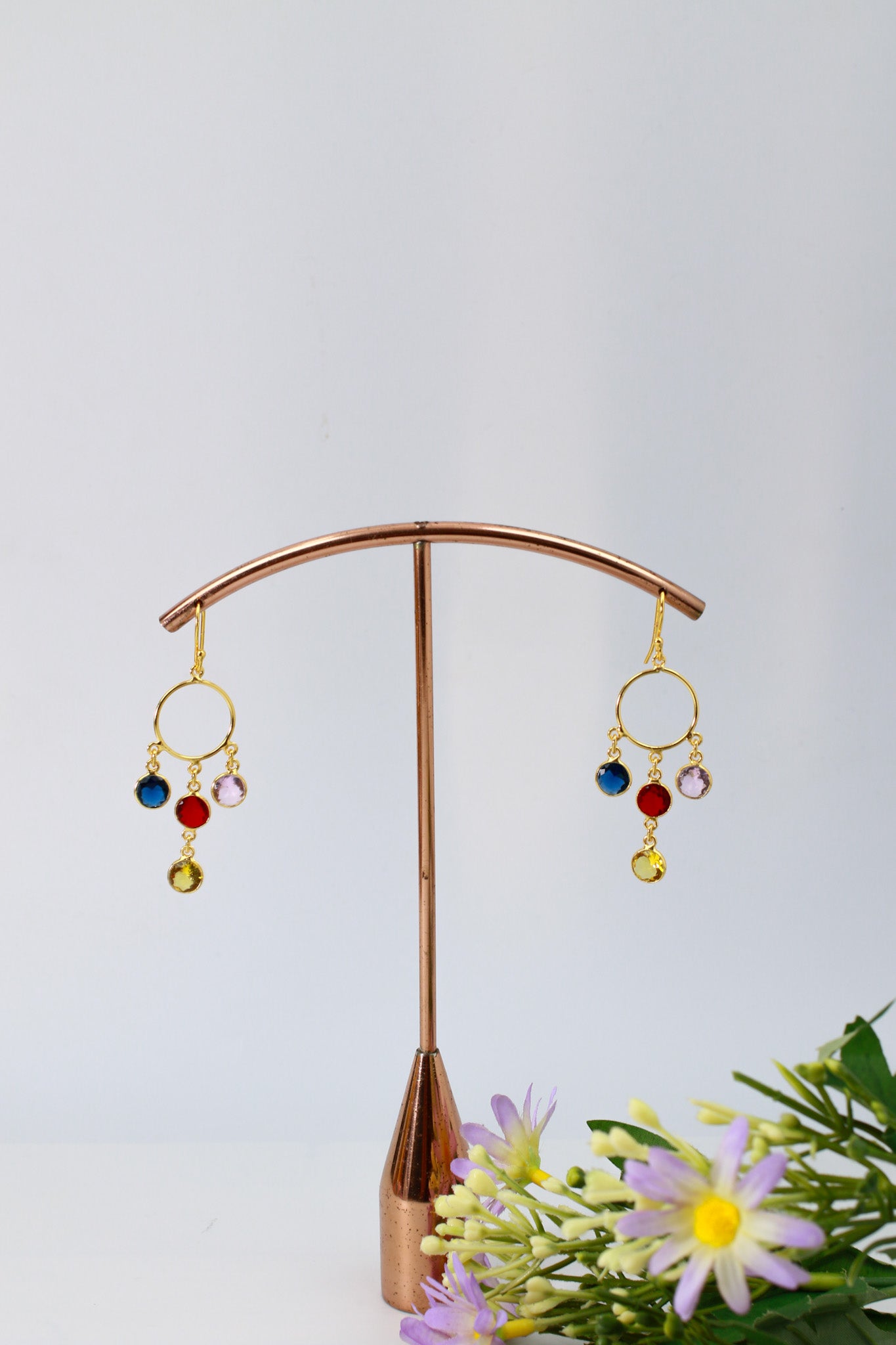 Circle Charm Dangle Earrings – Multicolor Natural Stones | Gold‑Plated Brass