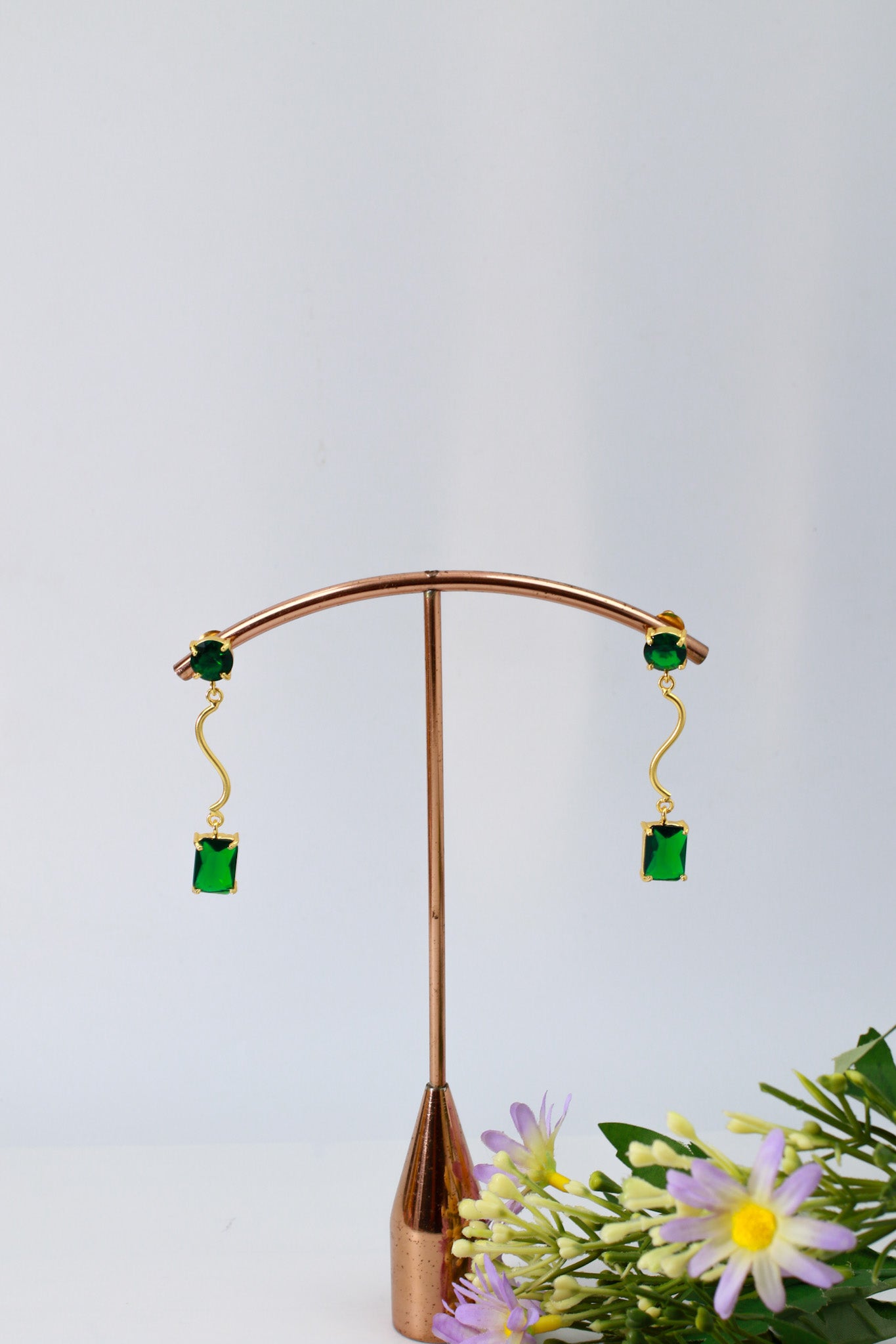 Wavy Bar Drop Earrings with Emerald‑Green Stone | Natural Stone, Gold‑Plated Brass