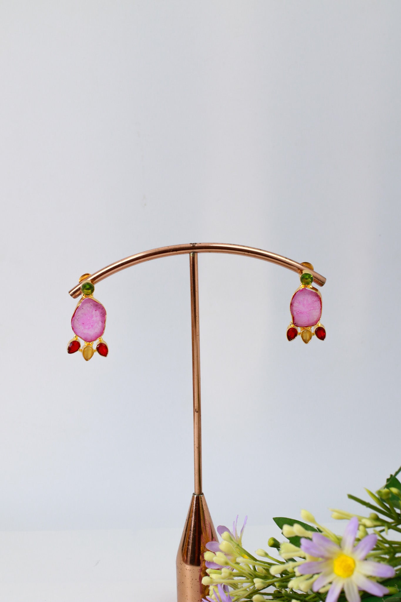 Natural Druzy Slice Earrings – Pink with Green Stud | Gold‑Plated Brass, Anti‑Tarnish