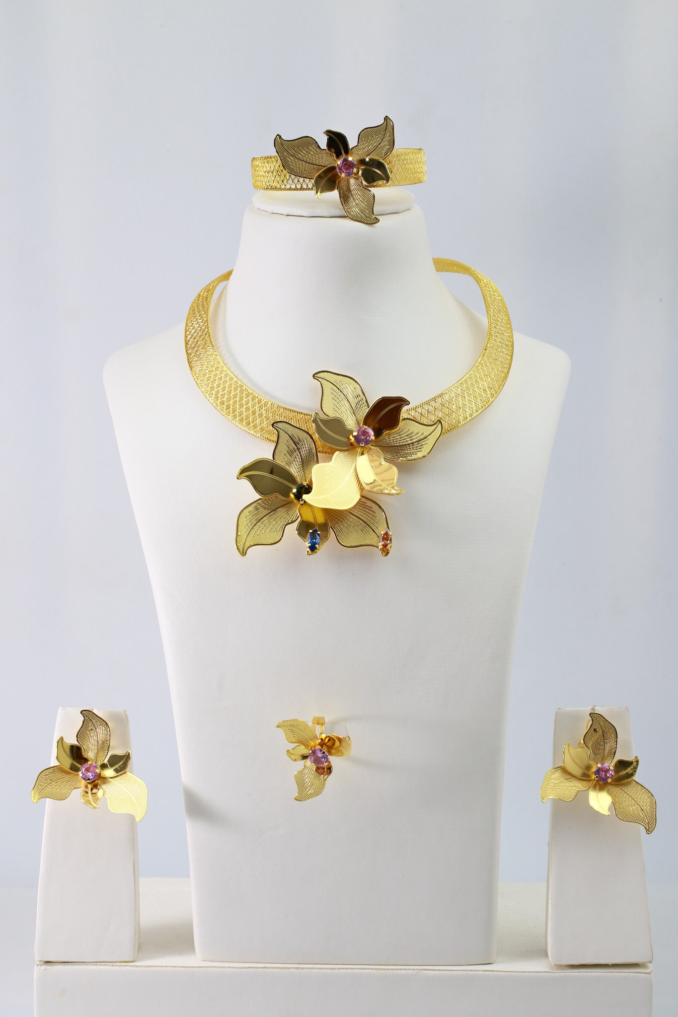 Gold Plated Orchid Motif AD Jewellery Set (Necklace, Earrings, Ring) | Anti‑Tarnish