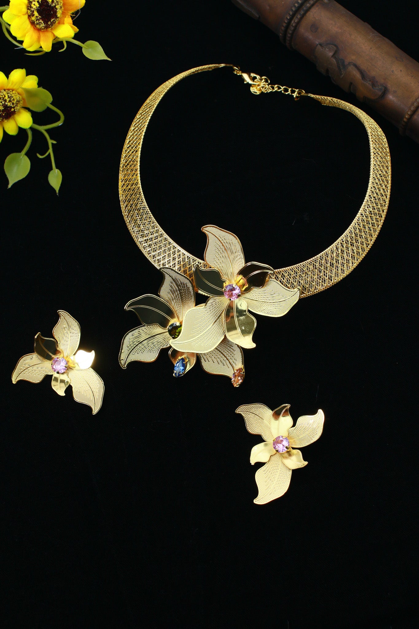Gold Plated Orchid Motif AD Jewellery Set (Necklace, Earrings, Ring) | Anti‑Tarnish