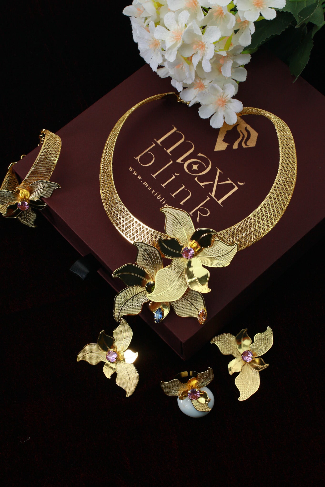 Gold Plated Orchid Motif AD Jewellery Set (Necklace, Earrings, Ring) | Anti‑Tarnish