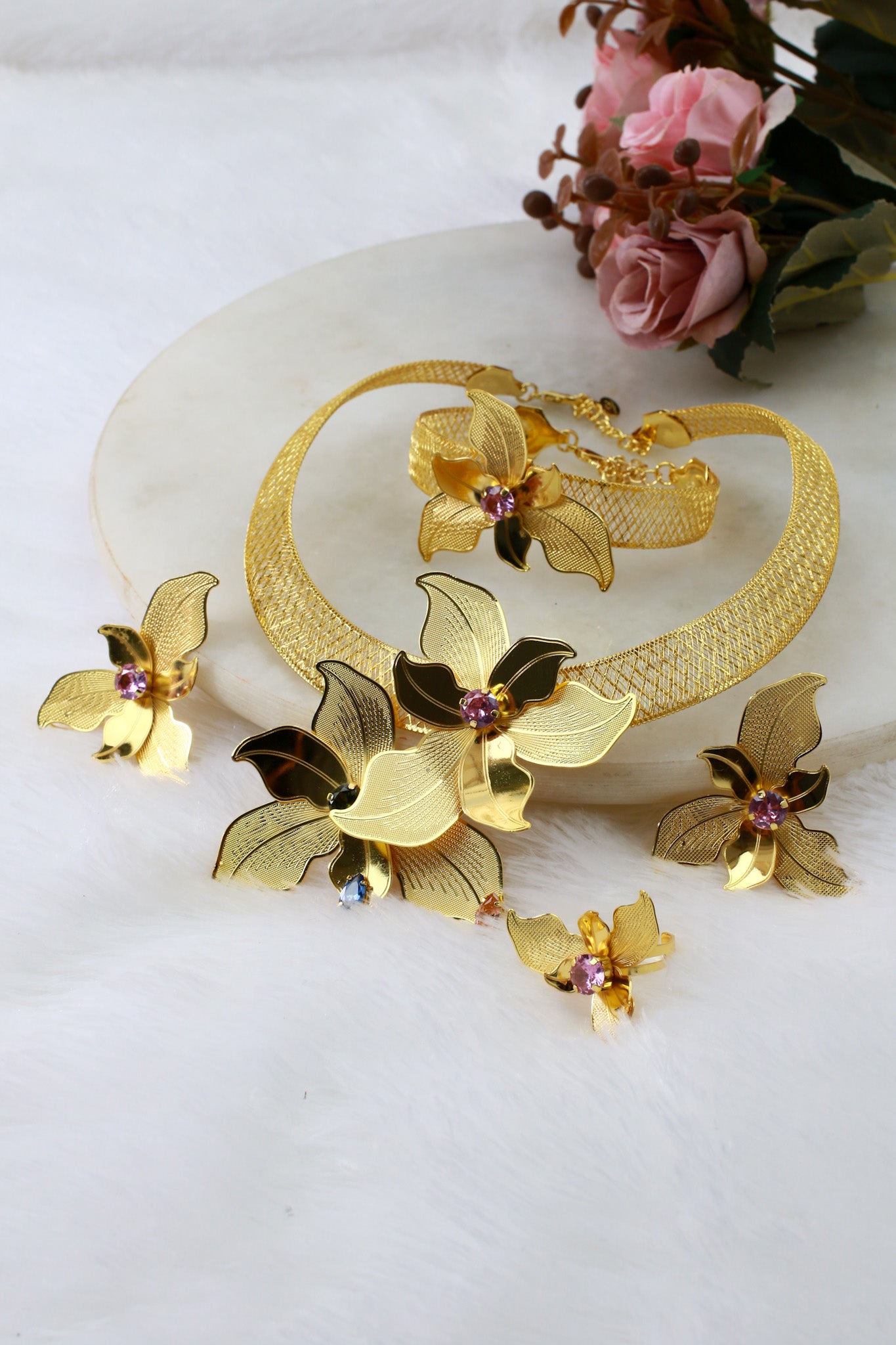 Gold Plated Orchid Motif AD Jewellery Set (Necklace, Earrings, Ring) | Anti‑Tarnish