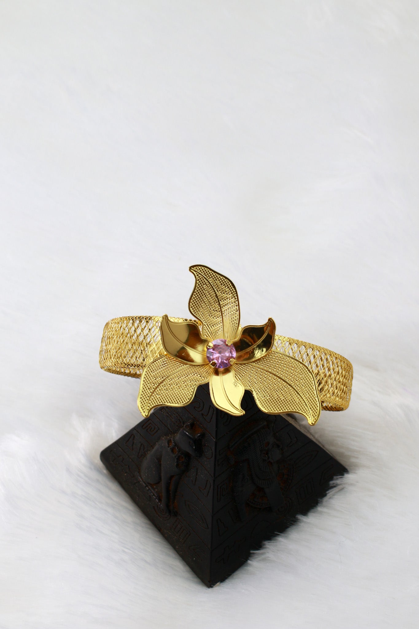 Gold Plated Orchid Motif AD Jewellery Set (Necklace, Earrings, Ring) | Anti‑Tarnish